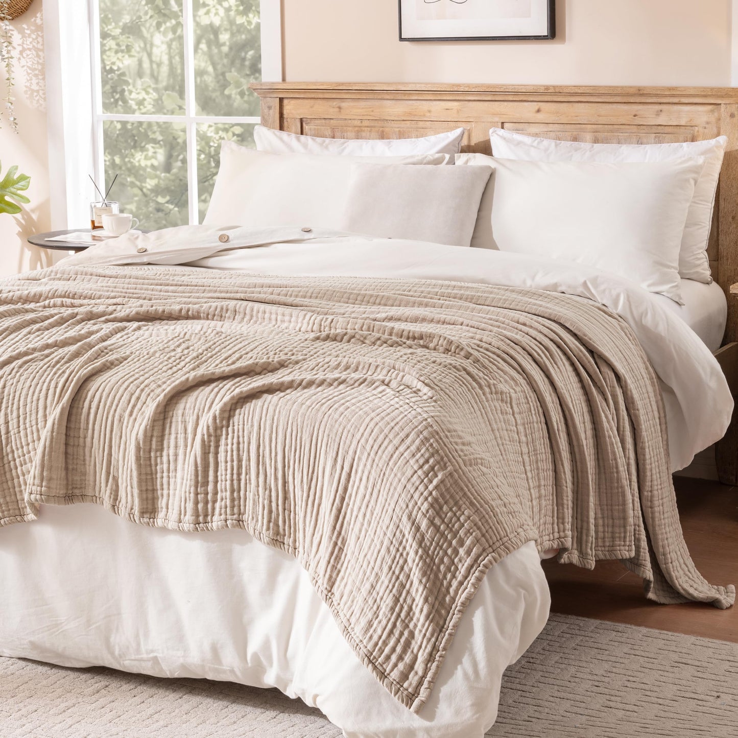 Exclusivo Mezcla 100% Cotton Muslin Queen Size Blanket 90"x90",6 Layers Breathable and Lightweight Khaki Gauze Blankets