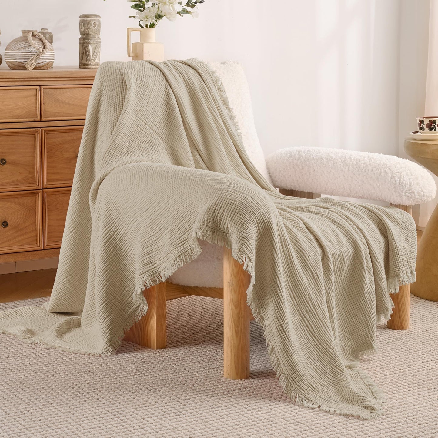 Exclusivo Mezcla 100% Cotton Muslin Throw Blanket, 4 Layers Breathable and Lightweight Gauze Blankets with Fringes for Couch, Soft, Decorative, 50"x70", Beige