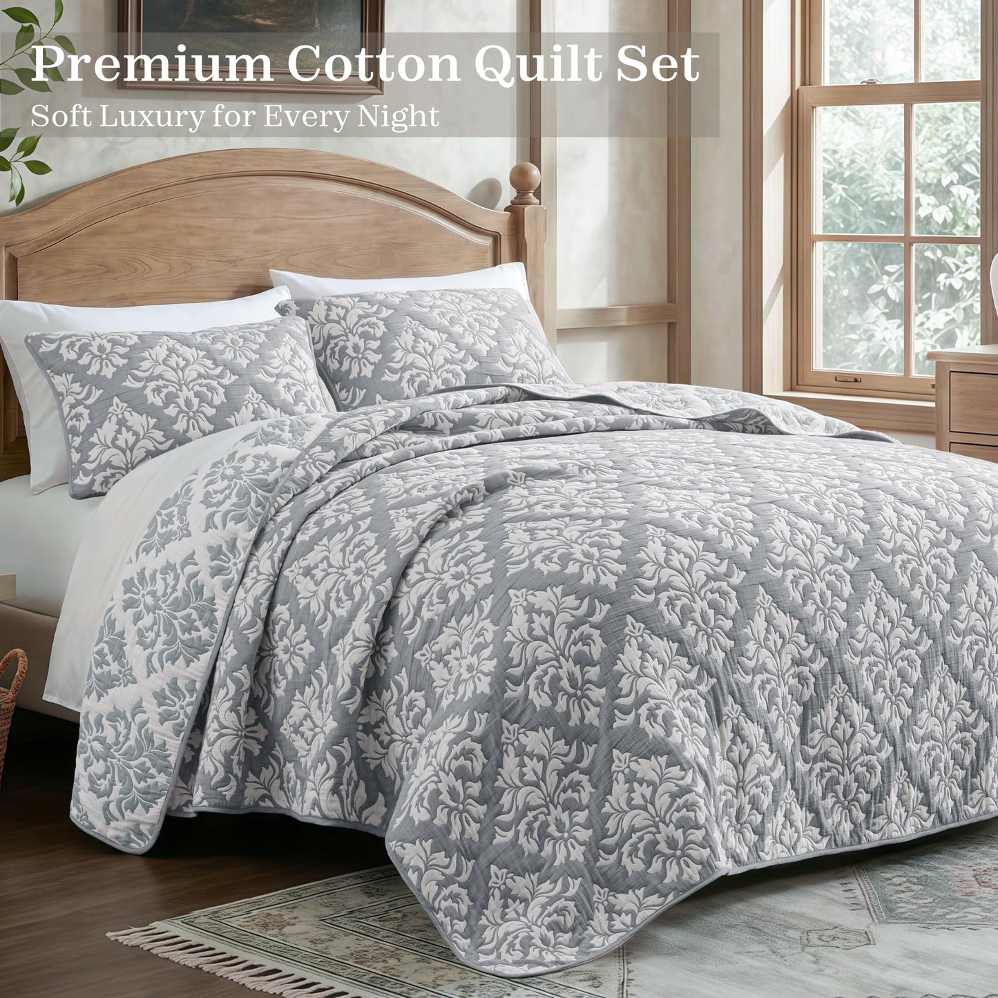 Exclusivo Mezcla Cotton Muslin Quilts King Size Grey, Soft Breathable Bedspread Lightweight Prewashed Bed Coverlet With 2 Pillow Shams, Boho Pattern Yarn Dyed Quilt Bedding Set for All Seasons