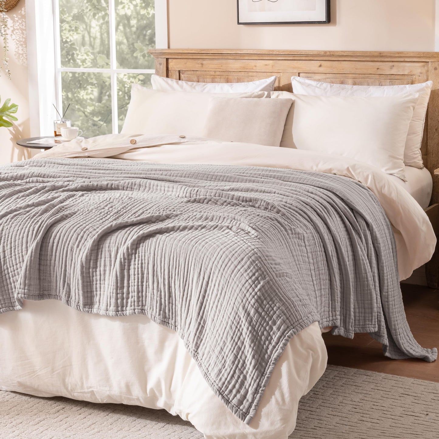 Exclusivo Mezcla 100% Cotton Muslin Queen Size Blanket 90"x90",6 Layers Breathable and Lightweight Light Grey Gauze Blankets
