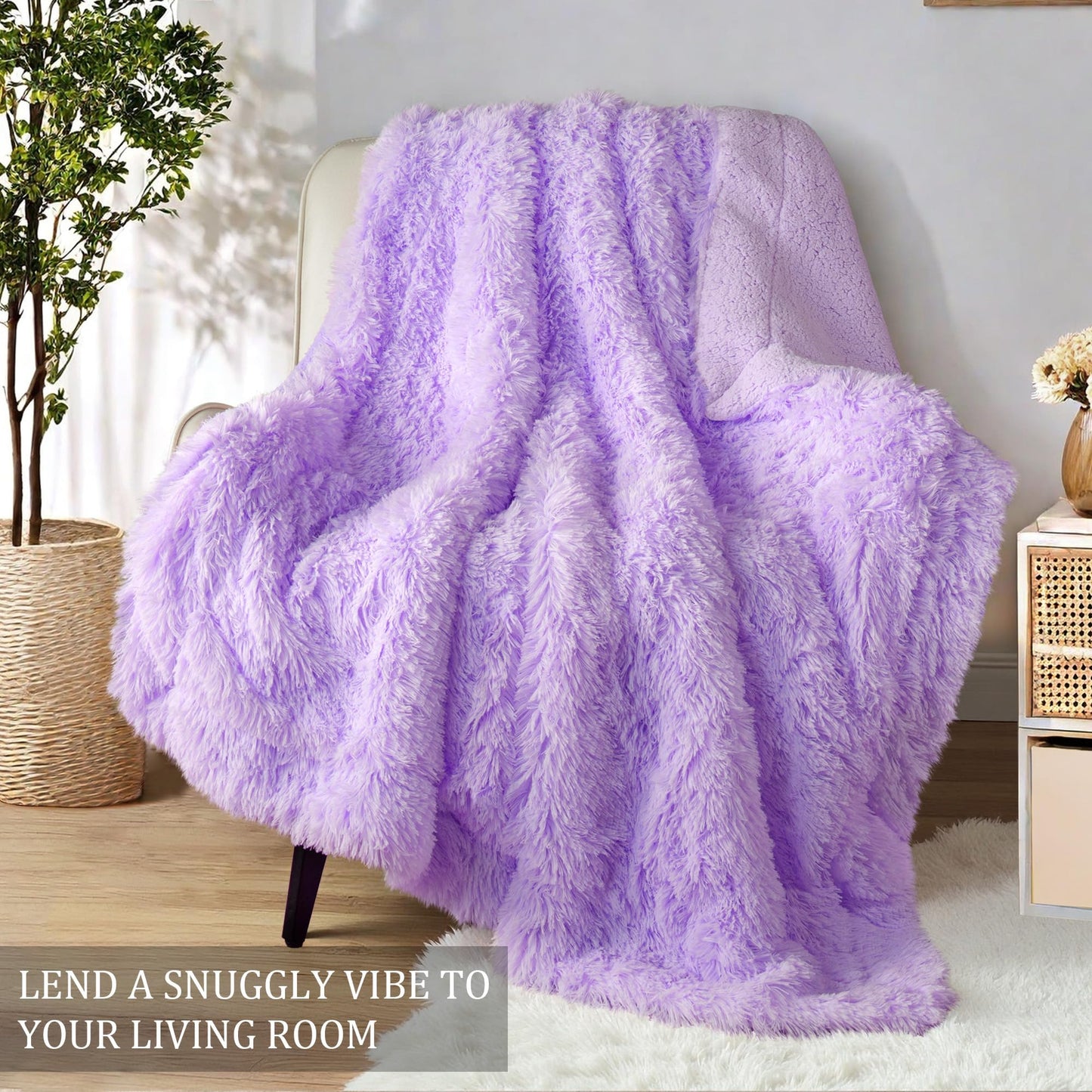 Exclusivo Mezcla Fuzzy Faux Fur Throw Blanket, Reversible Shaggy Sherpa Fleece Blankets,Fluffy Plush Warm Throws for Couch, Bed, 50x60 Inches, Light Purple