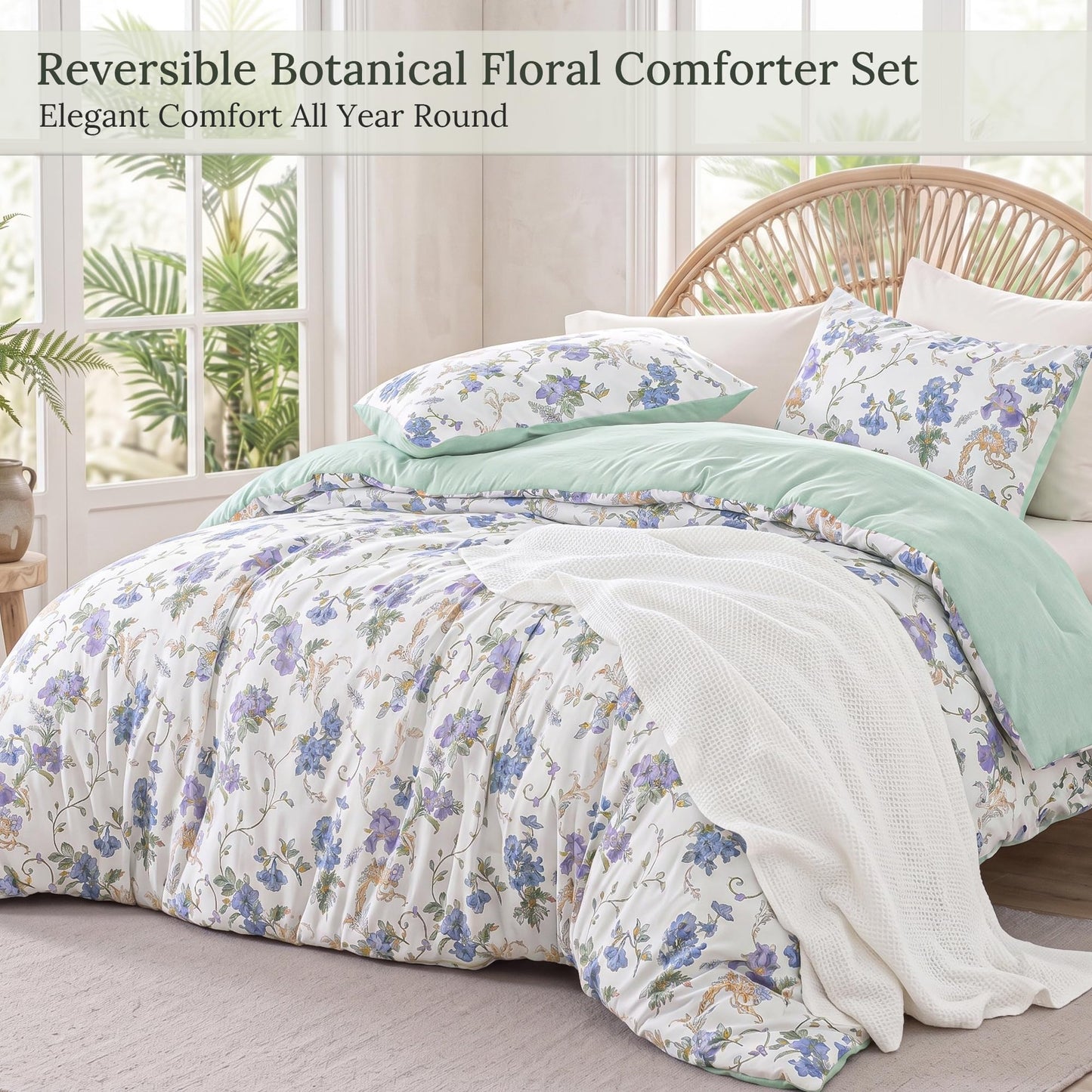 Exclusivo Mezcla Floral California King Comforter Set, 3 Pieces Lightweight Reversible Soft Bedding Comforters for All Seasons, Lilac Botanical Flowers Pattern