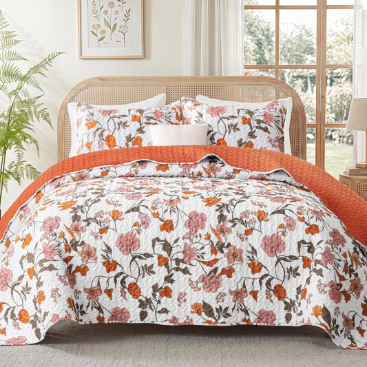 Exclusivo Mezcla Floral Quilt King Size, King Size Quilt Bedding Set with Orange Chic Vintage Garden Pattern, Reversible Lightweight Spring Bedspreads Coverlets Bed Cover for All Seasons (104"x96")