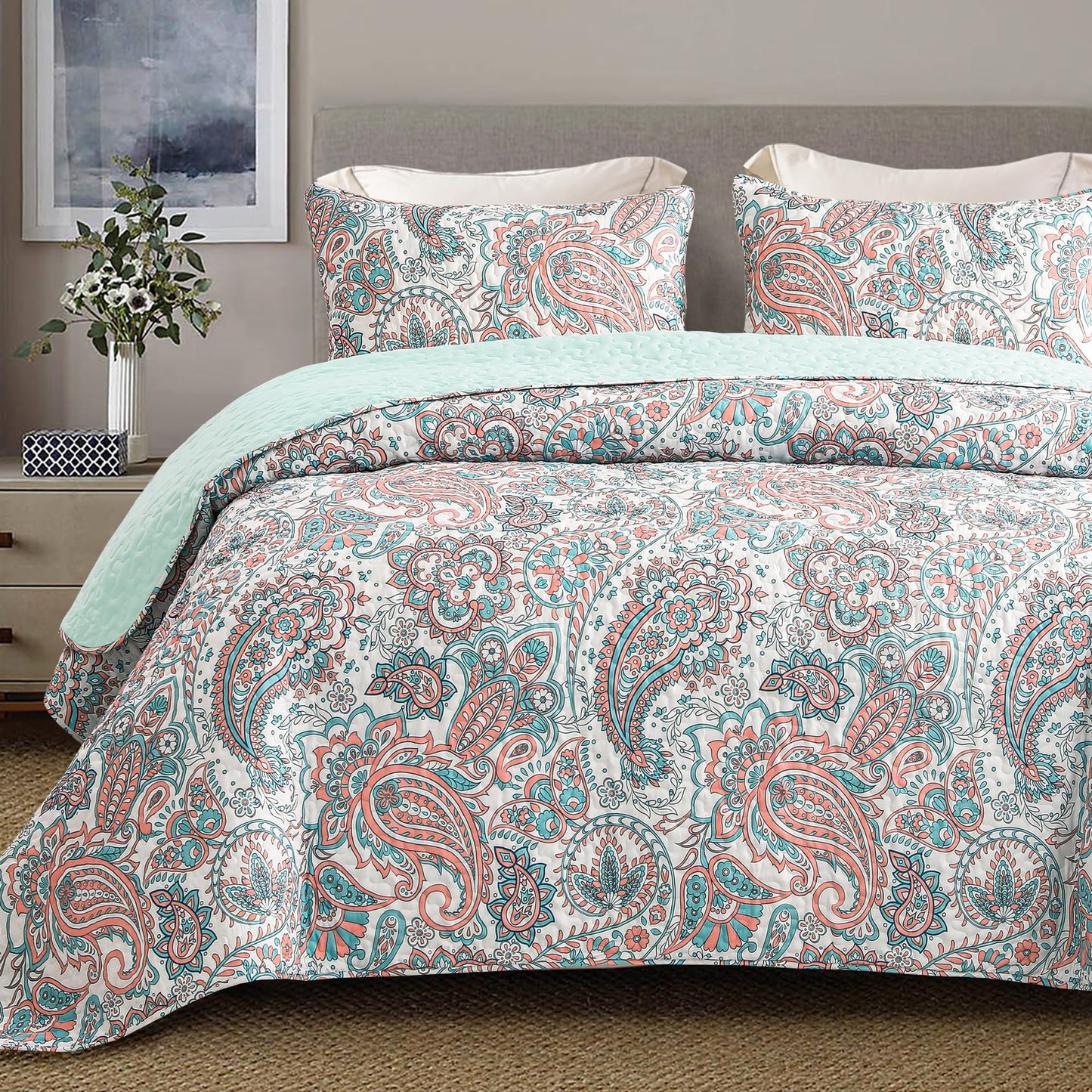 Exclusivo Mezcla Reversible Boho California King Quilt, Aqua Soft Bedspreads Lightweight Coverlet All Season Paisley Quilts Bedding Set with Printed Floral Pattern (1 Quilt, 2 Pillow Shams)