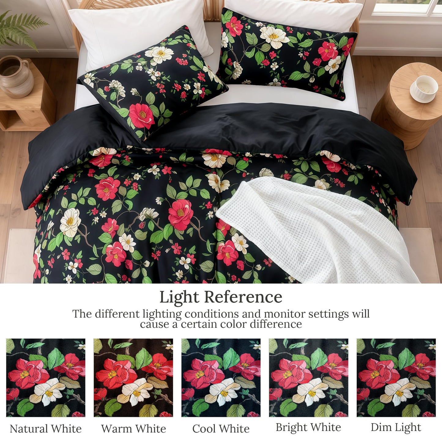 Exclusivo Mezcla Floral Oversized Queen Comforter Set, 3 Pieces Lightweight Reversible Soft Bedding Comforters for All Seasons, Black Botanical Flowers Pattern