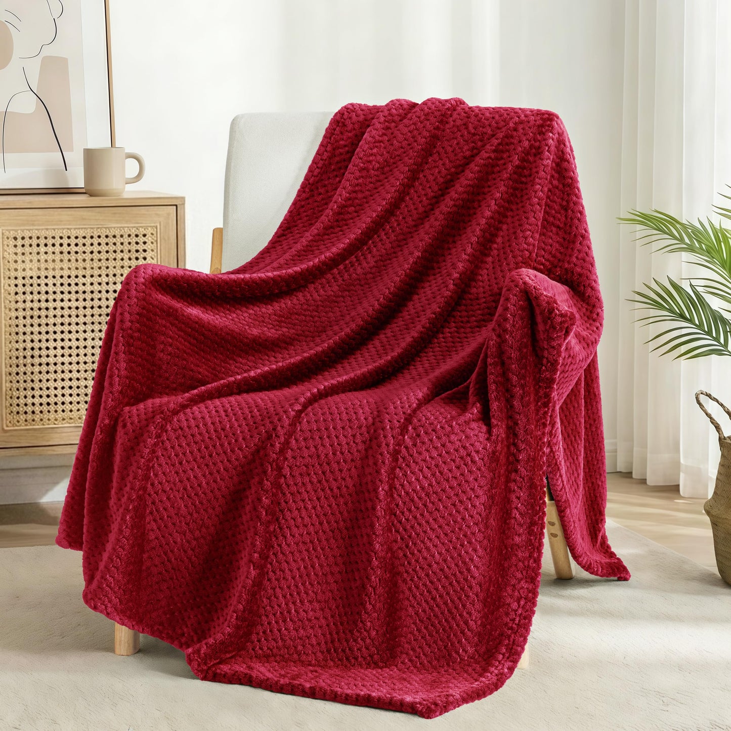 Exclusivo Mezcla Fleece Bed Blanket Twin Size, Super Soft and Warm Blankets for Couch, Sofa and Bed Waffle Textured, Cozy, Fuzzy and Lightweight (Deep Red, 60x80 inches)
