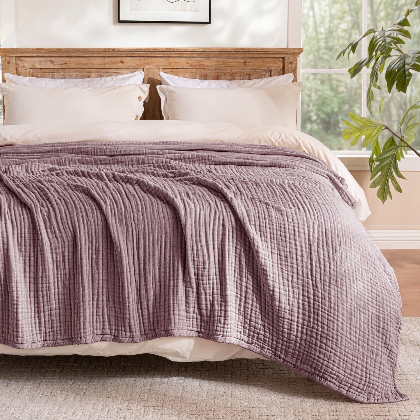 Exclusivo Mezcla 100% Cotton Muslin King Size Blanket 90"x104",6 Layers Breathable and Lightweight Plum Purple Gauze Blankets