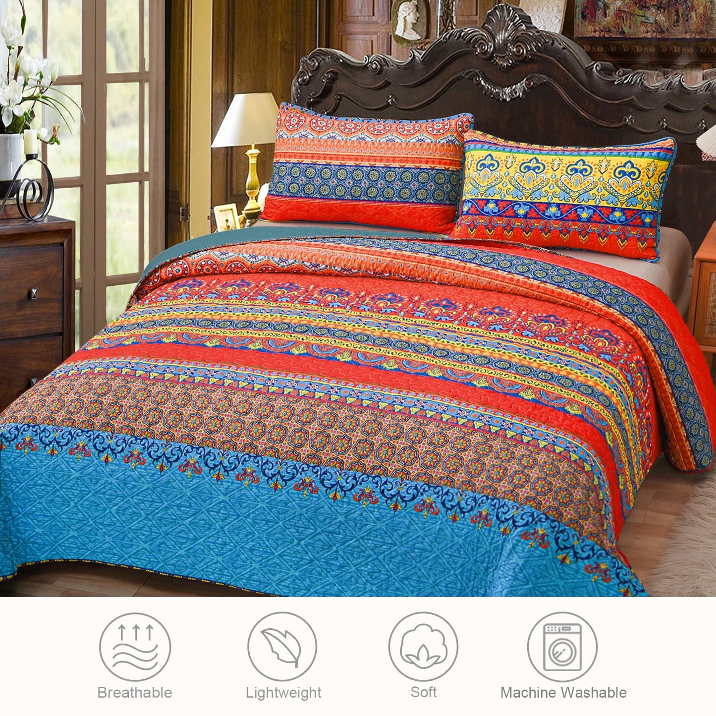 Exclusivo Mezcla Reversible Boho Quilt Set King Size, 3 Pieces Bohemian Blue All Season Bedspreads, Ultra Soft Floral Coverlet Bedding Set with Printed Pattern (1 Quilt, 2 Pillow Shams)