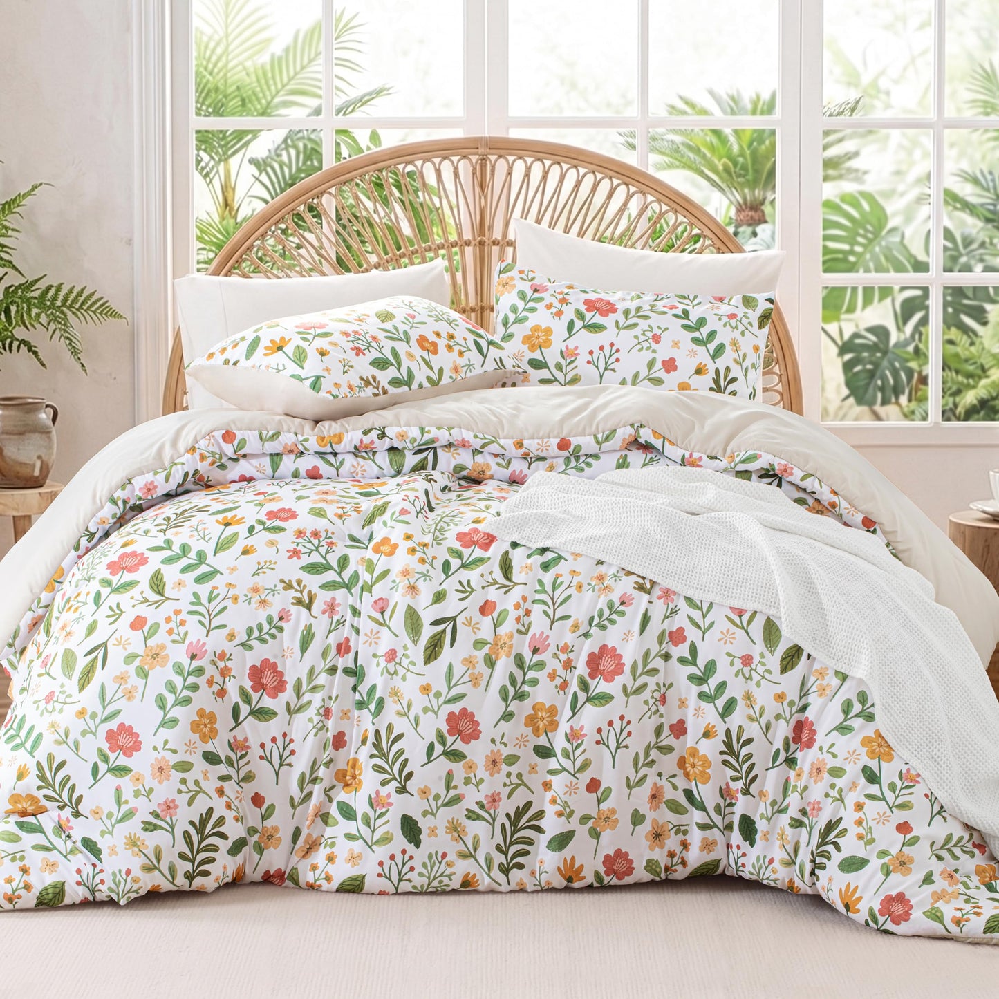 Exclusivo Mezcla Floral Twin Comforter Set, 2 Pieces Lightweight Reversible Soft Bedding Comforters for All Seasons, White Botanical Garden Pattern