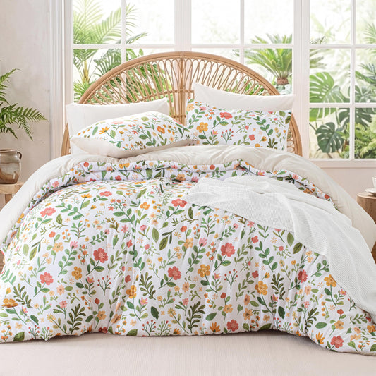 Exclusivo Mezcla Floral Twin Comforter Set, 2 Pieces Lightweight Reversible Soft Bedding Comforters for All Seasons, White Botanical Garden Pattern