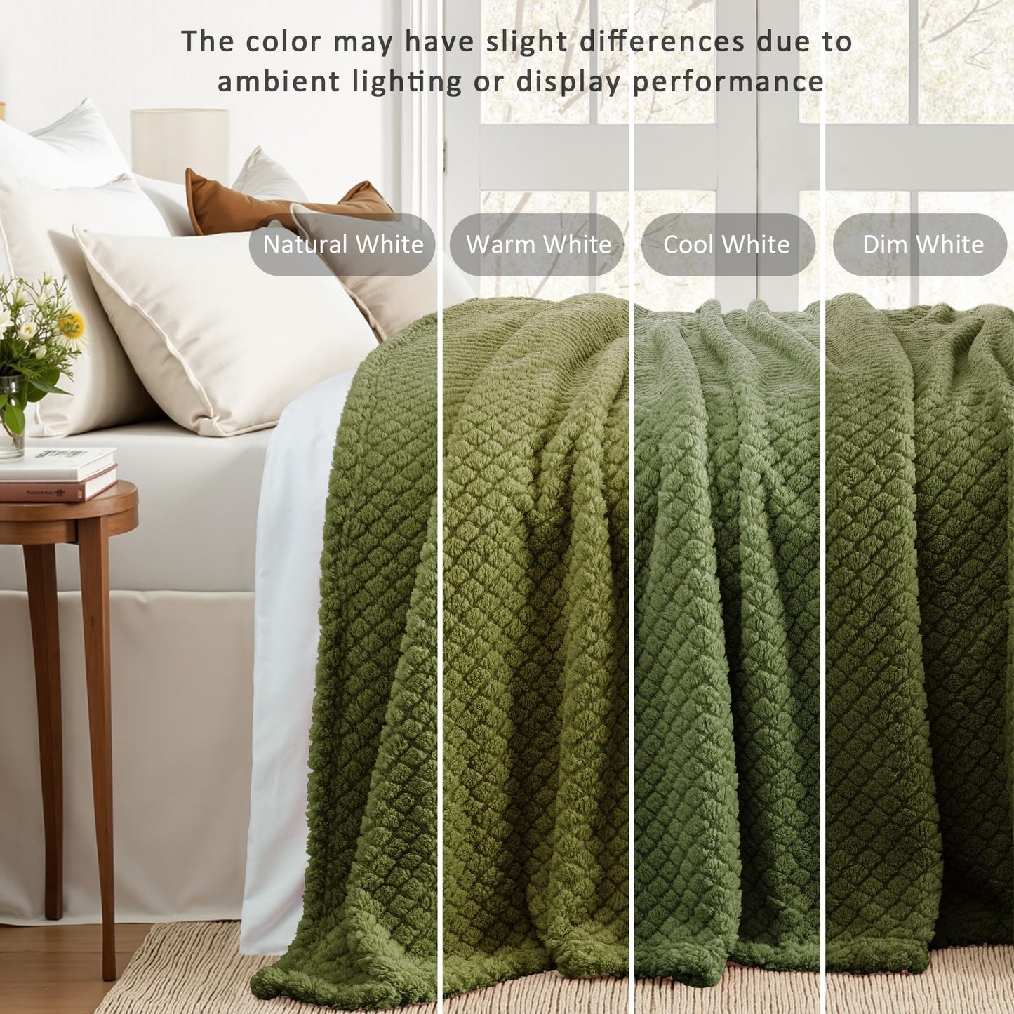 Exclusivo Mezcla Queen Size Flannel Fleece Blanket, Super Soft Jacquard Bed Blanket, Lightweight Fuzzy Warm for All Seasons, 90x90 Inches, Olive Green