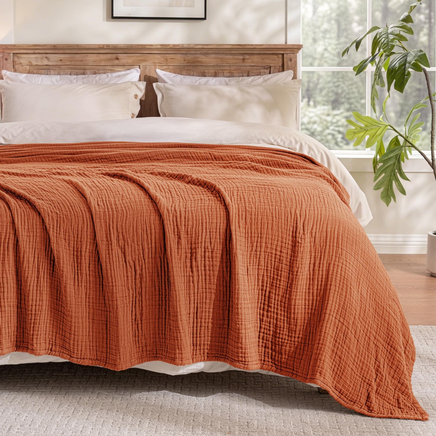Exclusivo Mezcla 100% Cotton Muslin King Size Blanket 90"x104",6 Layers Breathable and Lightweight Burnt Orange Gauze Blankets