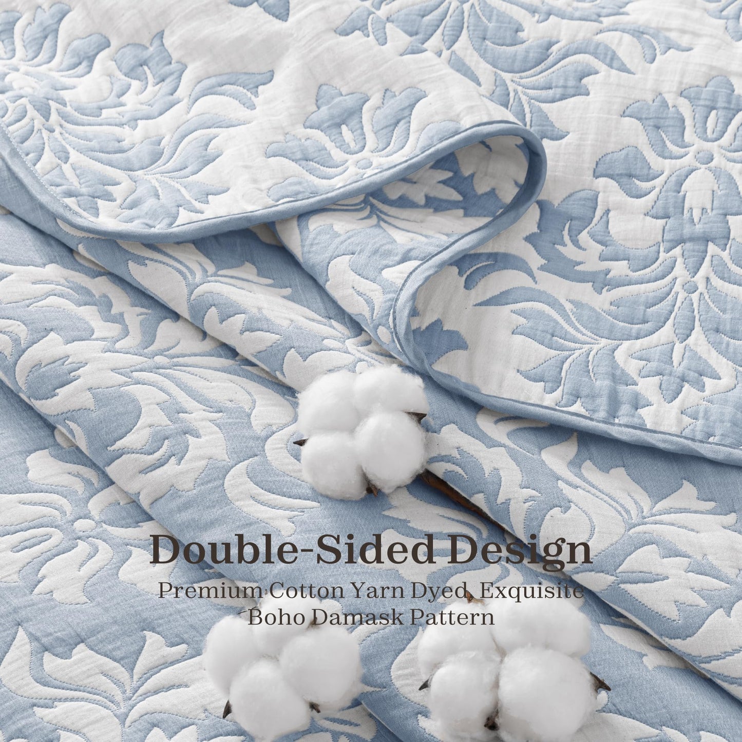 Exclusivo Mezcla Cotton Muslin Quilts Queen Size Blue, Soft Breathable Bedspread Lightweight Prewashed Bed Coverlet With 2 Pillow Shams, Boho Pattern Yarn Dyed Quilt Bedding Set for All Seasons