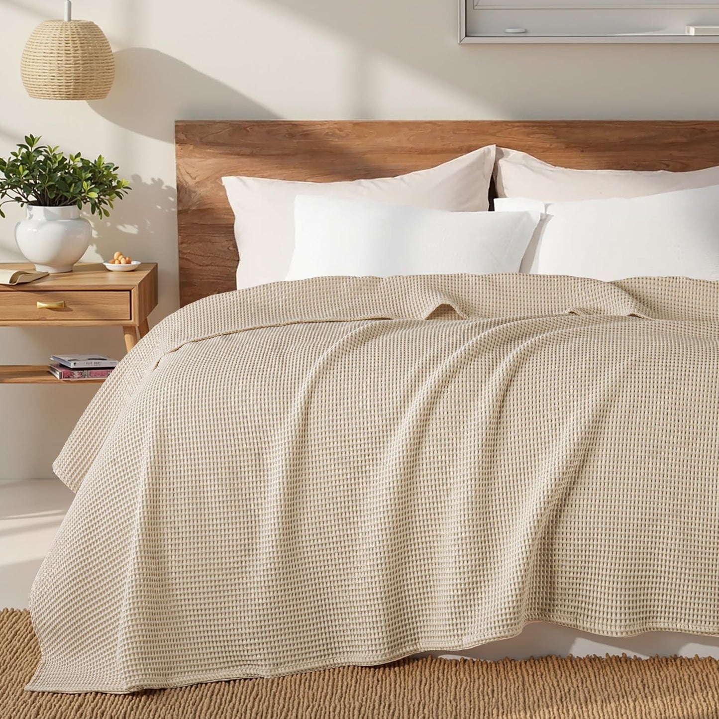 Exclusivo Mezcla 100% Cotton Waffle Weave Blanket Twin Size, Soft, Lightweight and Breathable Muslin Gauze Blanket for Dorm, Home Decor, All Season, 60"x80", Khaki