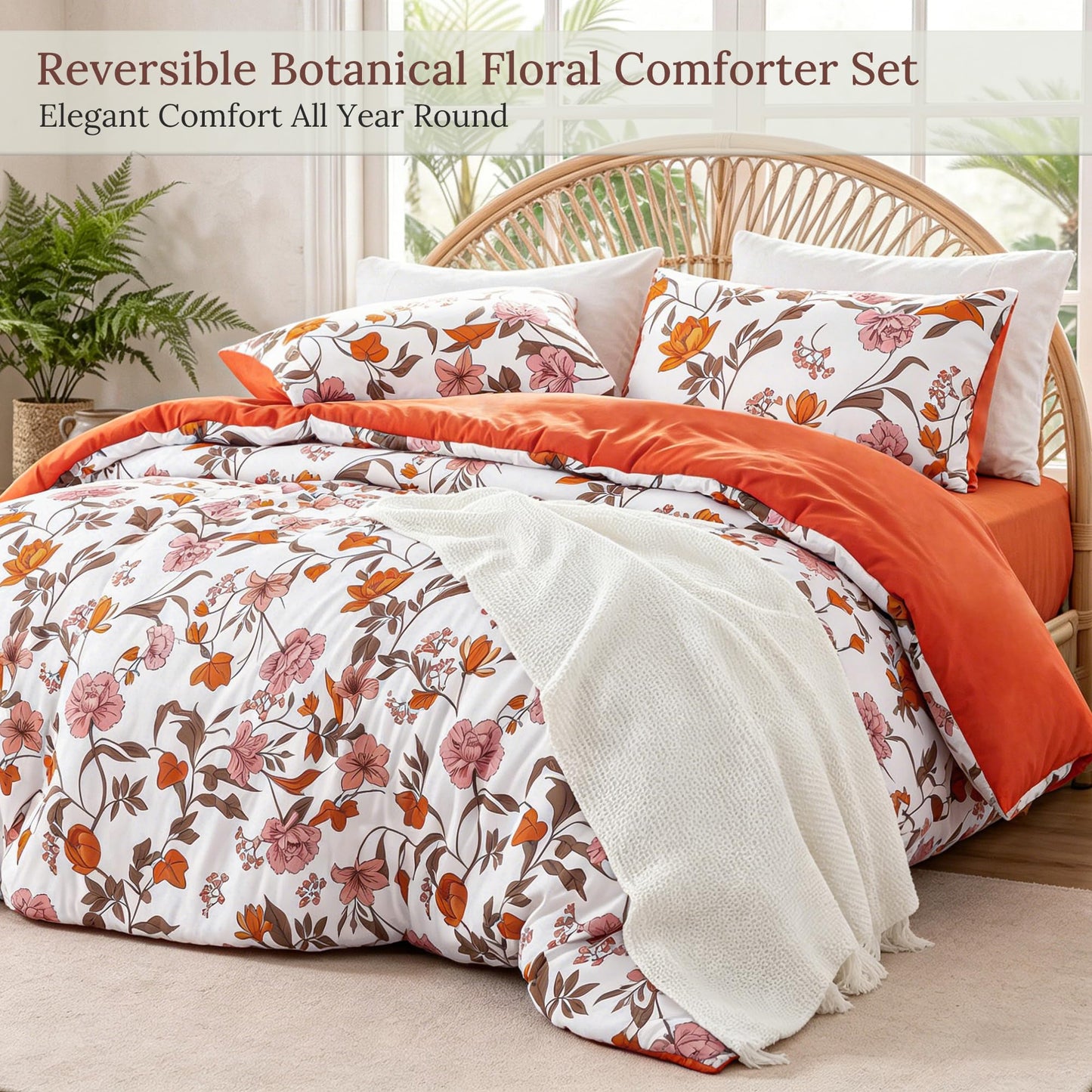Exclusivo Mezcla Floral Oversized Queen Comforter Set, 3 Pieces Lightweight Reversible Soft Bedding Comforters for All Seasons, Orange Botanical Flowers Pattern