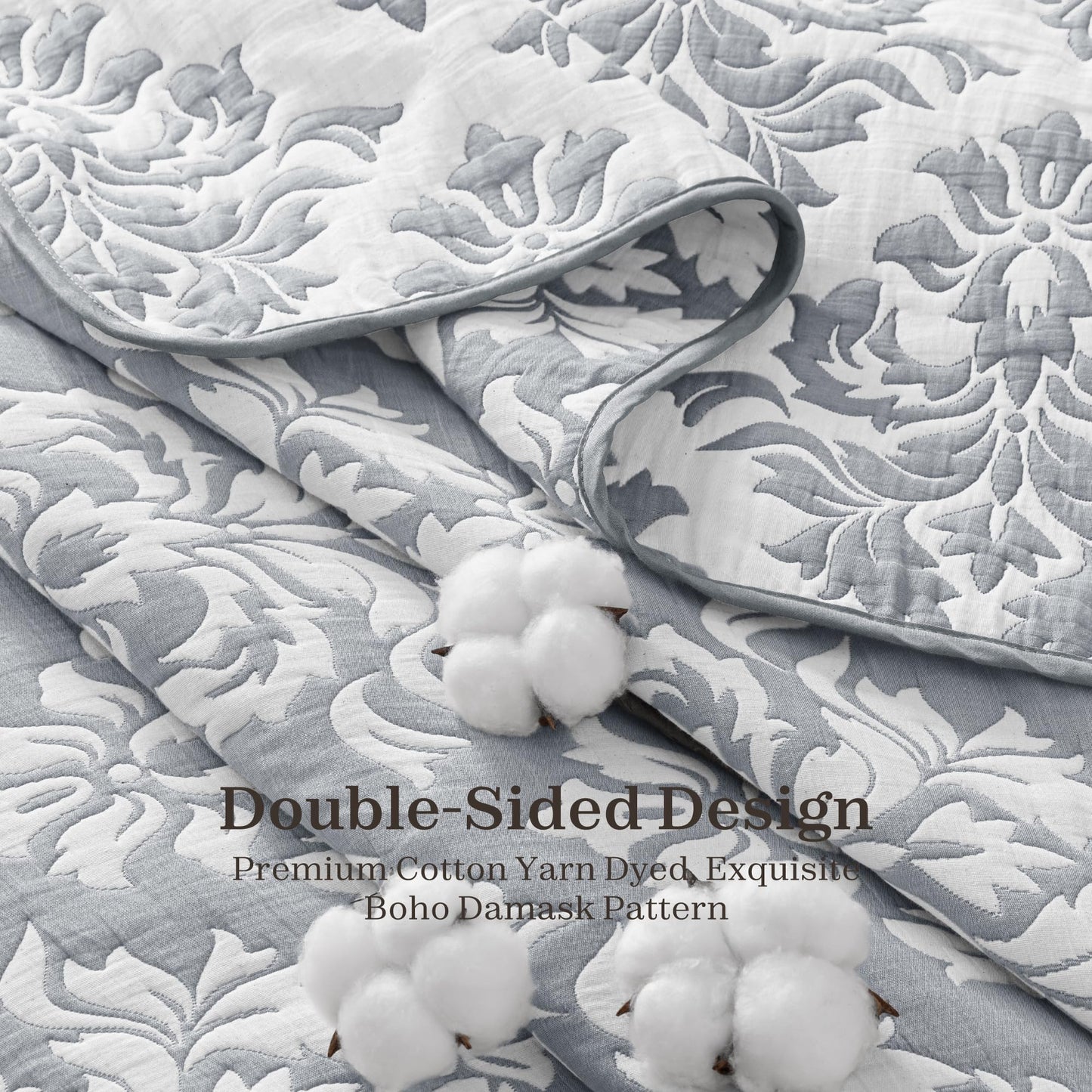 Exclusivo Mezcla Cotton Muslin Quilts Queen Size Grey, Soft Breathable Bedspread Lightweight Prewashed Bed Coverlet With 2 Pillow Shams, Boho Pattern Yarn Dyed Quilt Bedding Set for All Seasons