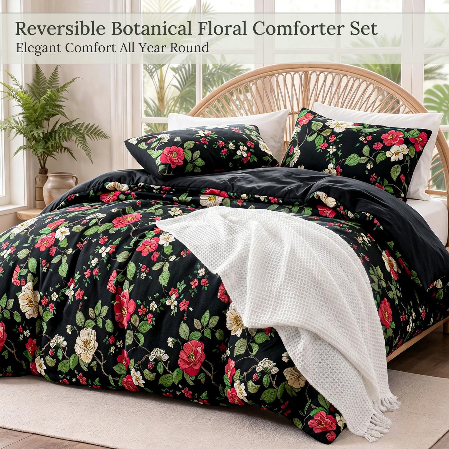Exclusivo Mezcla Floral Twin Comforter Set, 2 Pieces Lightweight Reversible Soft Bedding Comforters for All Seasons, Black Botanical Flowers Pattern