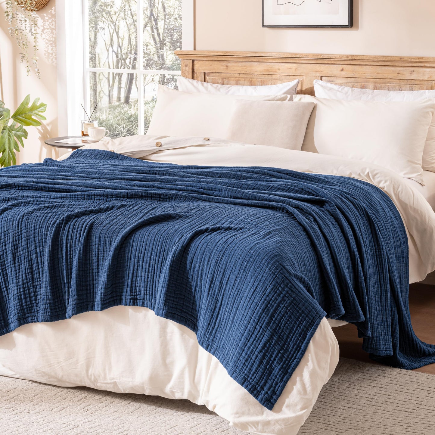 Exclusivo Mezcla 100% Cotton Muslin King Size Blanket 90"x104",6 Layers Breathable and Lightweight Navy Blue Gauze Blankets