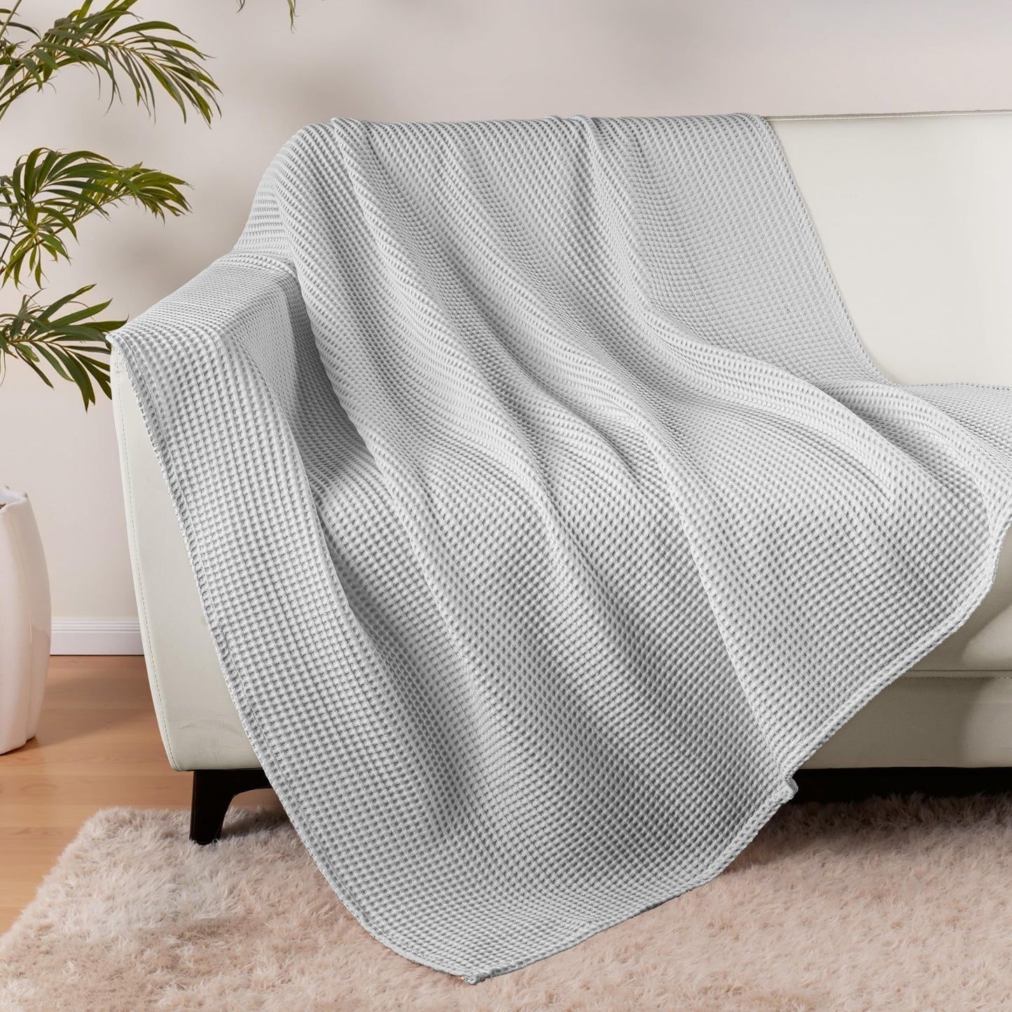 Exclusivo Mezcla 100% Cotton Waffle Weave Throw Blanket, Soft, Lightweight and Breathable Muslin Gauze Blanket for Couch, Sofa, All Season, 50"x70", Light Grey