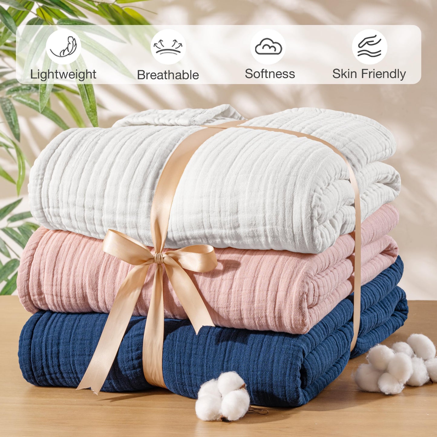 Exclusivo Mezcla 100% Cotton Muslin Throw Blanket 50"x70",6 Layers Breathable and Lightweight Pure White Gauze Blankets