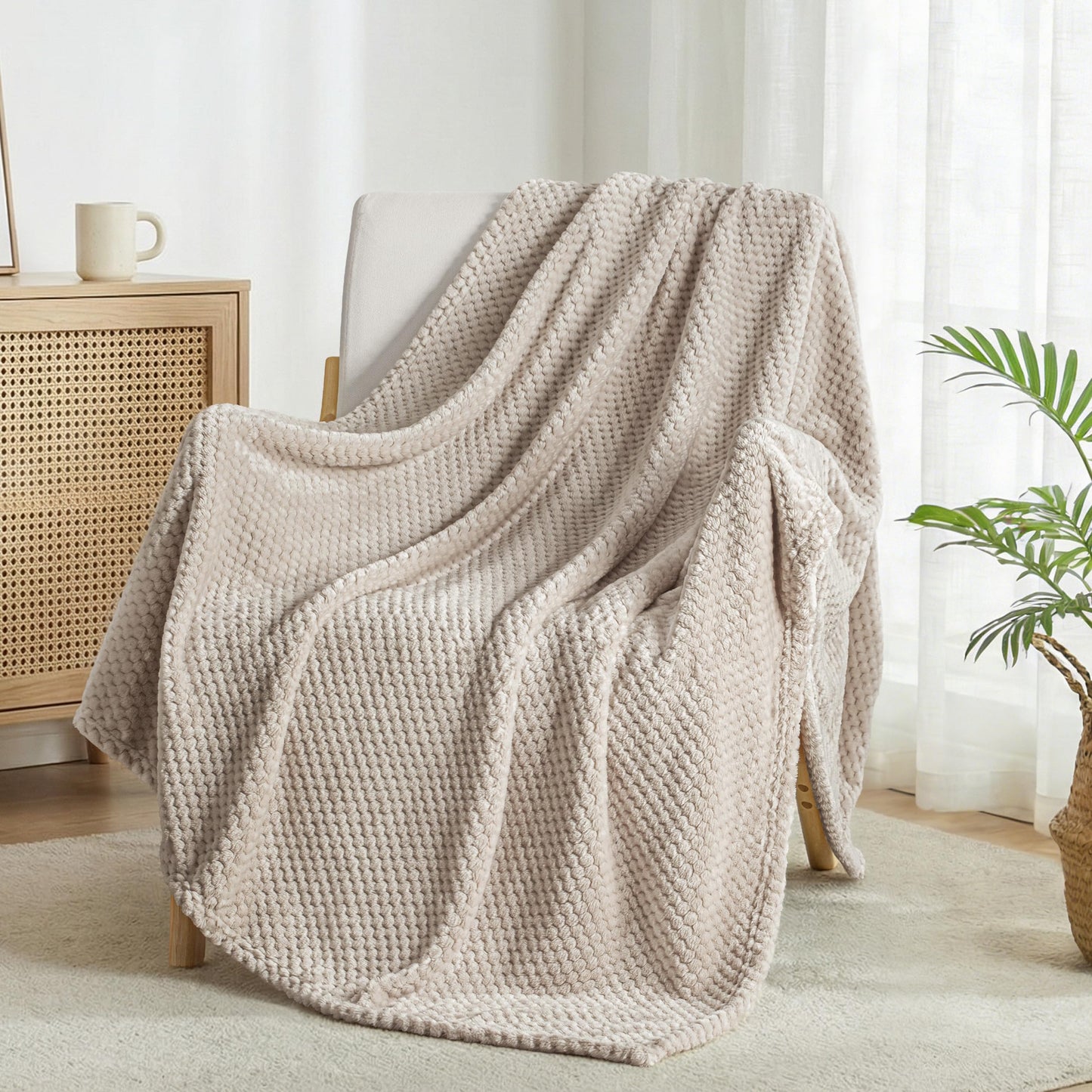 Exclusivo Mezcla Fleece Bed Blanket Twin Size, Super Soft and Warm Blankets for Couch, Sofa and Bed Waffle Textured, Cozy, Fuzzy and Lightweight (Tan, 60x80 Inches)