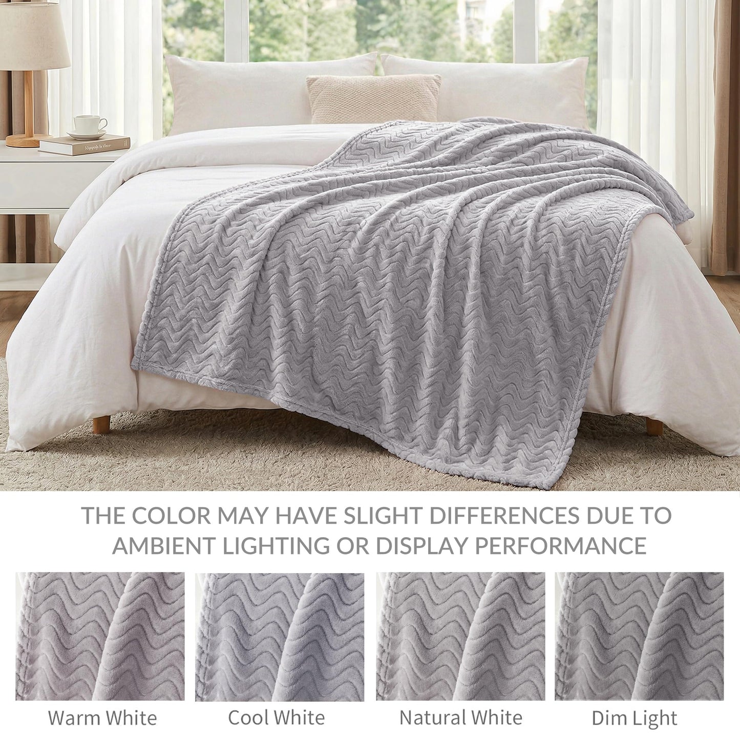 Exclusivo Mezcla King Size Jacquard Weave Wave Pattern Flannel Fleece Velvet Plush Bed Blanket as Bedspread/Coverlet/Bed Cover (90" x 104", Light Grey) - Soft, Lightweight, Warm and Cozy