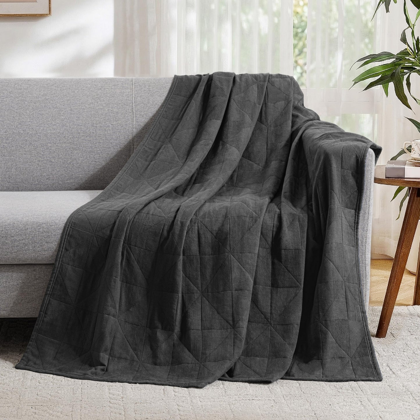 Exclusivo Mezcla 100% Cotton 4 Layers Muslin Throw Blanket for Couch, Moisture-wicking and Breathable Gauze Blanket with Geometric Pattern for Year Round Comfort, 50"x60", Dark Grey