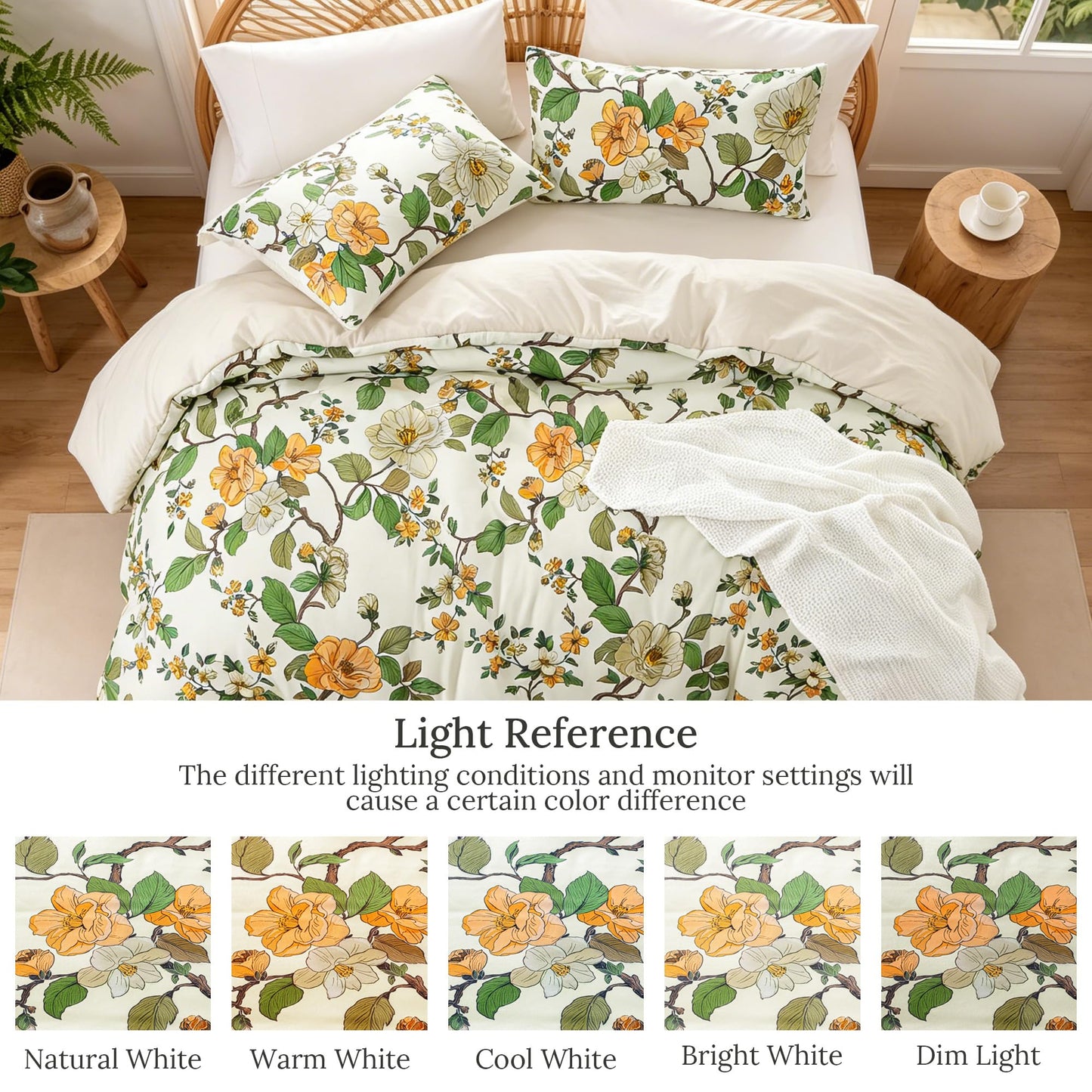 Exclusivo Mezcla Floral Queen Comforter Set, 3 Pieces Lightweight Reversible Soft Bedding Comforters for All Seasons, Yellow Botanical Flowers Pattern