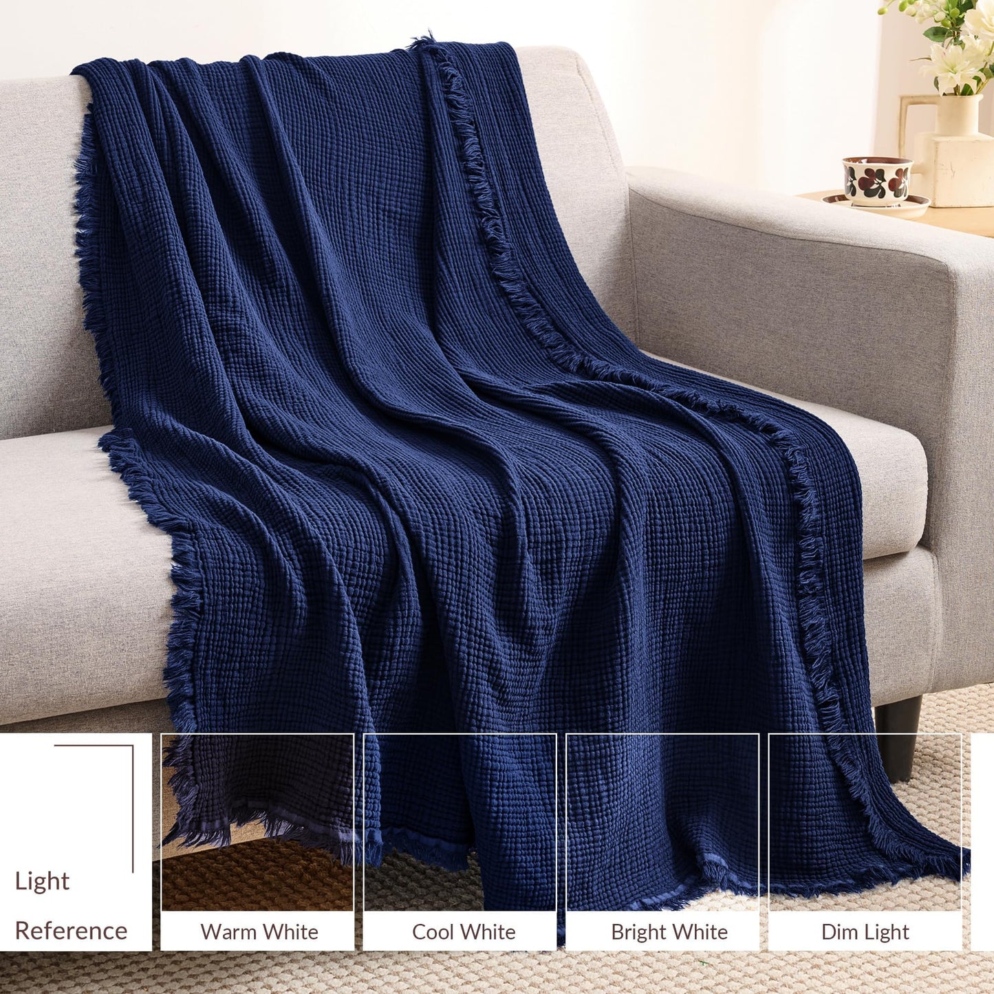 Exclusivo Mezcla 100% Cotton Muslin Throw Blanket , 4 Layers Breathable and Lightweight Gauze Blankets with Fringes for Couch, Soft, Decorative, 50"x70", Navy Blue