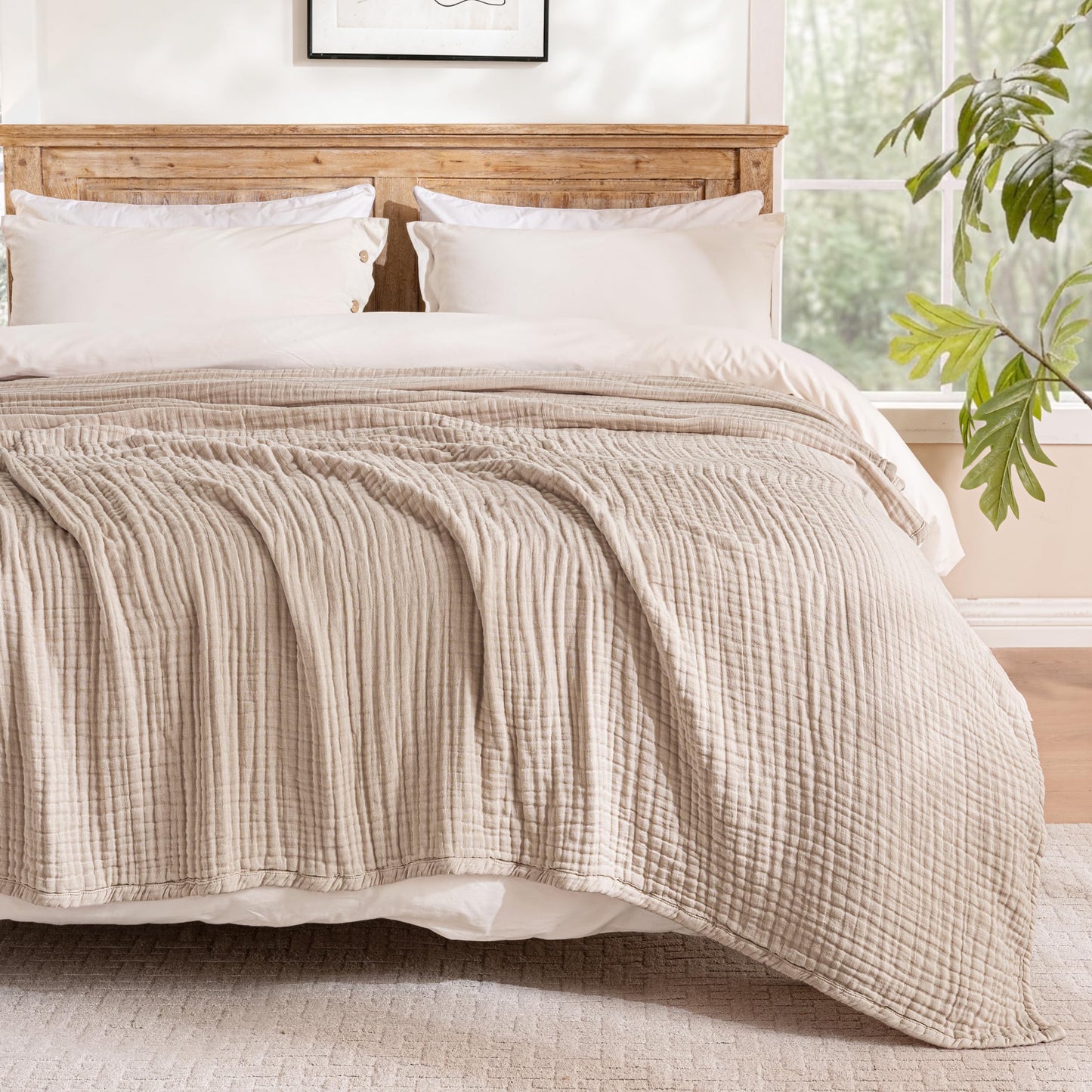Exclusivo Mezcla 100% Cotton Muslin Queen Size Blanket 90"x90",6 Layers Breathable and Lightweight Khaki Gauze Blankets