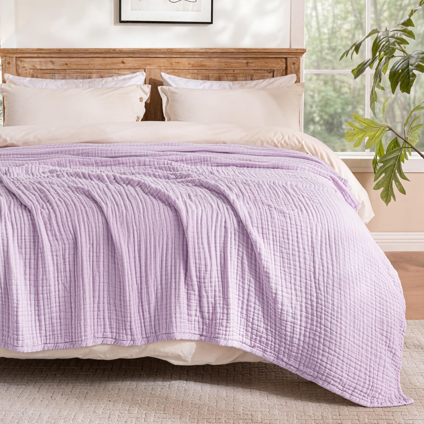 Exclusivo Mezcla 100% Cotton Muslin King Size Blanket 90"x104",6 Layers Breathable and Lightweight Lilac Purple Gauze Blankets
