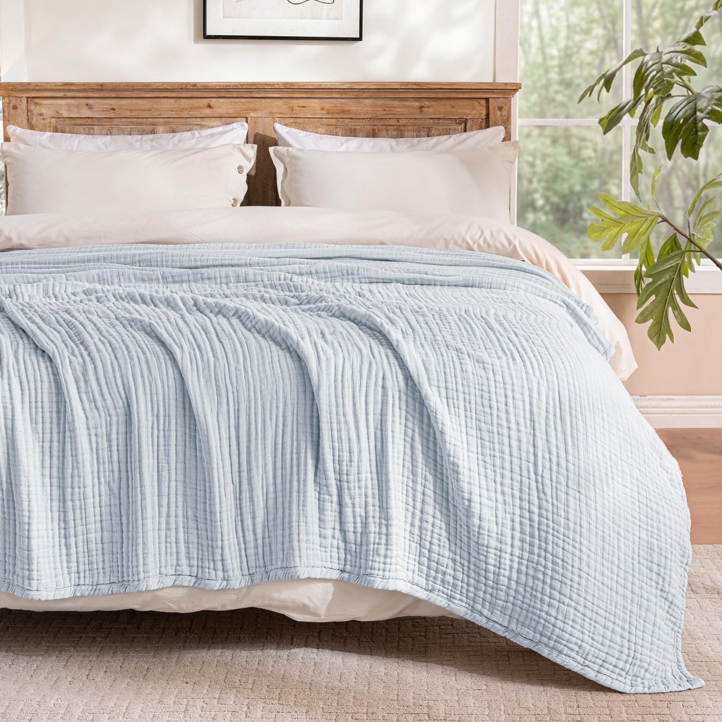 Exclusivo Mezcla 100% Cotton Muslin Twin Size Blanket 60"x80",6 Layers Breathable and Lightweight Ice Blue Gauze Blankets