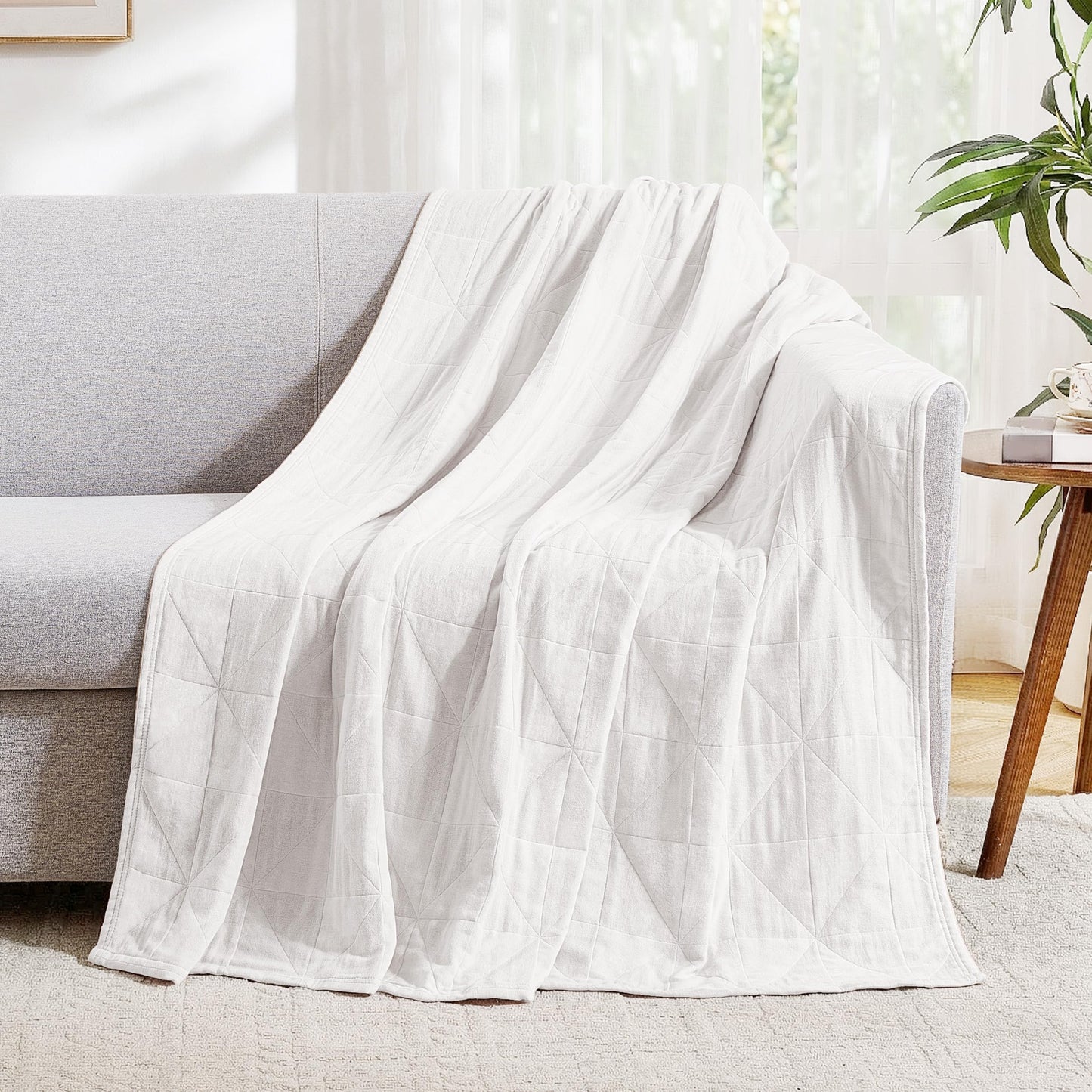 Exclusivo Mezcla 100% Cotton 4 Layers Muslin Throw Blanket for Couch, Moisture-wicking and Breathable Gauze Blanket with Geometric Pattern for Year Round Comfort, 50"x60", Pure White