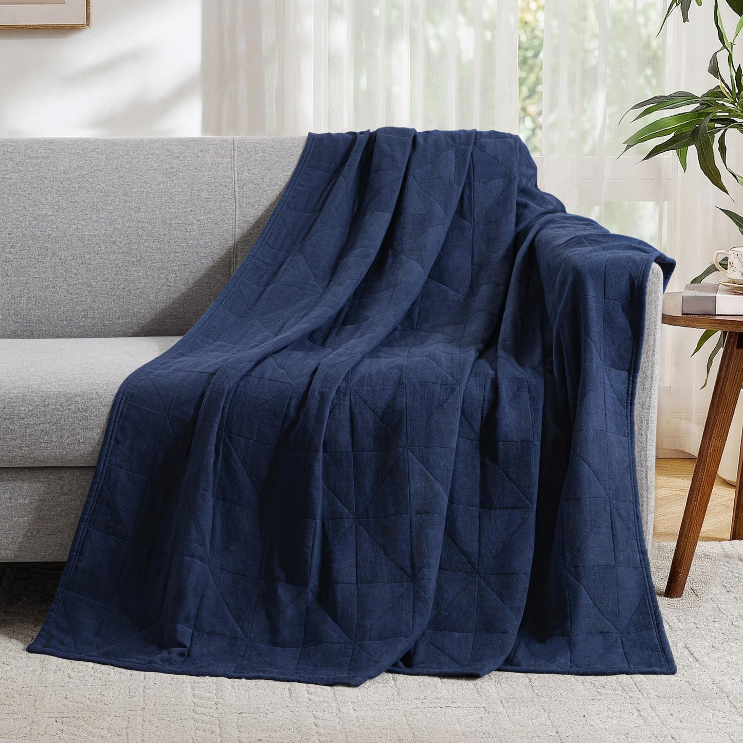 Exclusivo Mezcla 100% Cotton 4 Layers Muslin Throw Blanket for Couch, Moisture-wicking and Breathable Gauze Blanket with Geometric Pattern for Year Round Comfort, 50"x60", Navy Blue