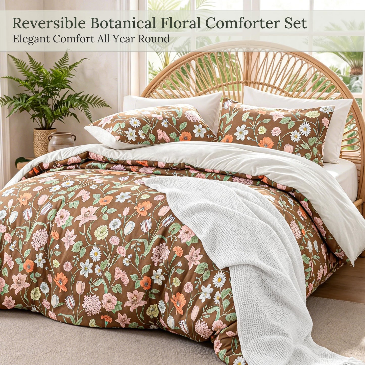 Exclusivo Mezcla Floral Twin Comforter Set, 2 Pieces Lightweight Reversible Soft Bedding Comforters for All Seasons, Brown Botanical Flowers Pattern
