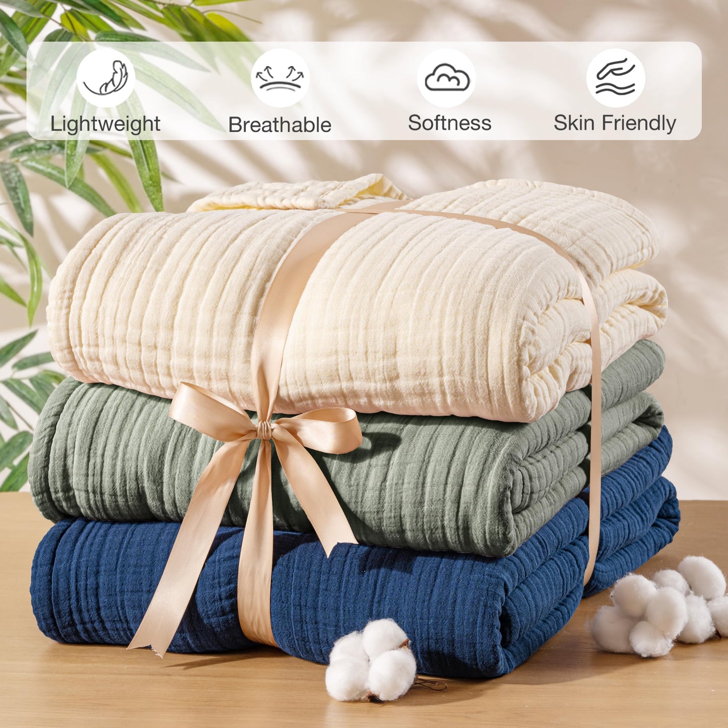 Exclusivo Mezcla 100% Cotton Muslin Throw Blanket 50"x70",6 Layers Breathable and Lightweight Green Gauze Blankets