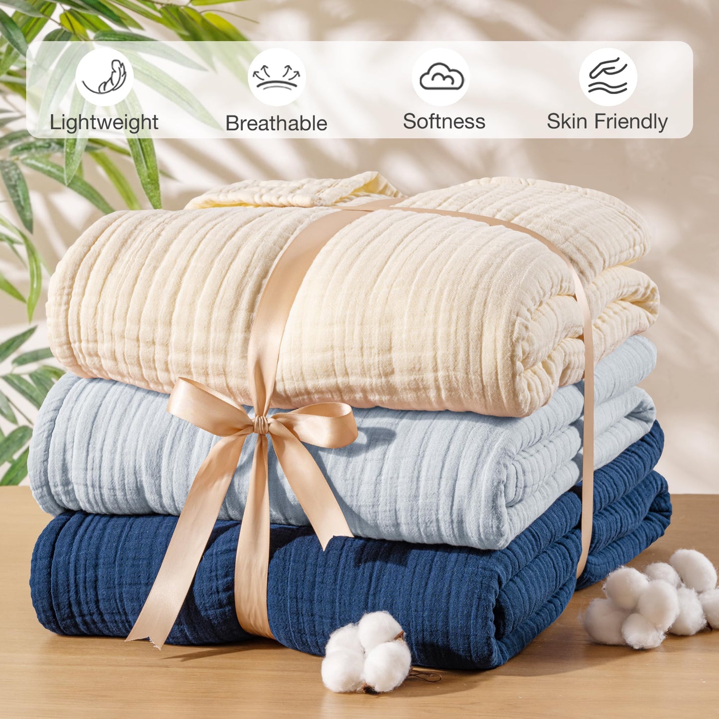 Exclusivo Mezcla 100% Cotton Muslin Throw Blanket 50"x70",6 Layers Breathable and Lightweight Ice Blue Gauze Blankets