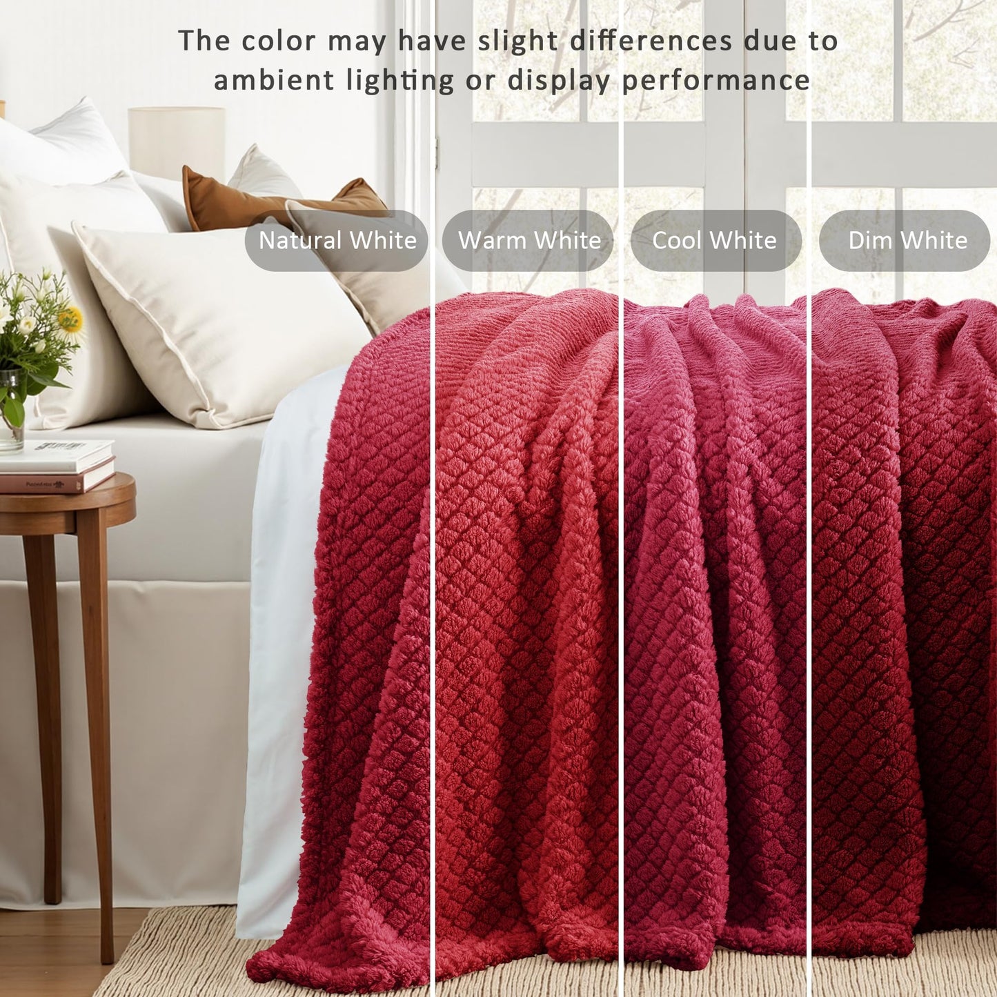 Exclusivo Mezcla Queen Size Flannel Fleece Blanket, Super Soft Jacquard Bed Blanket, Lightweight Fuzzy Warm for All Seasons, 90x90 Inches, Deep Red