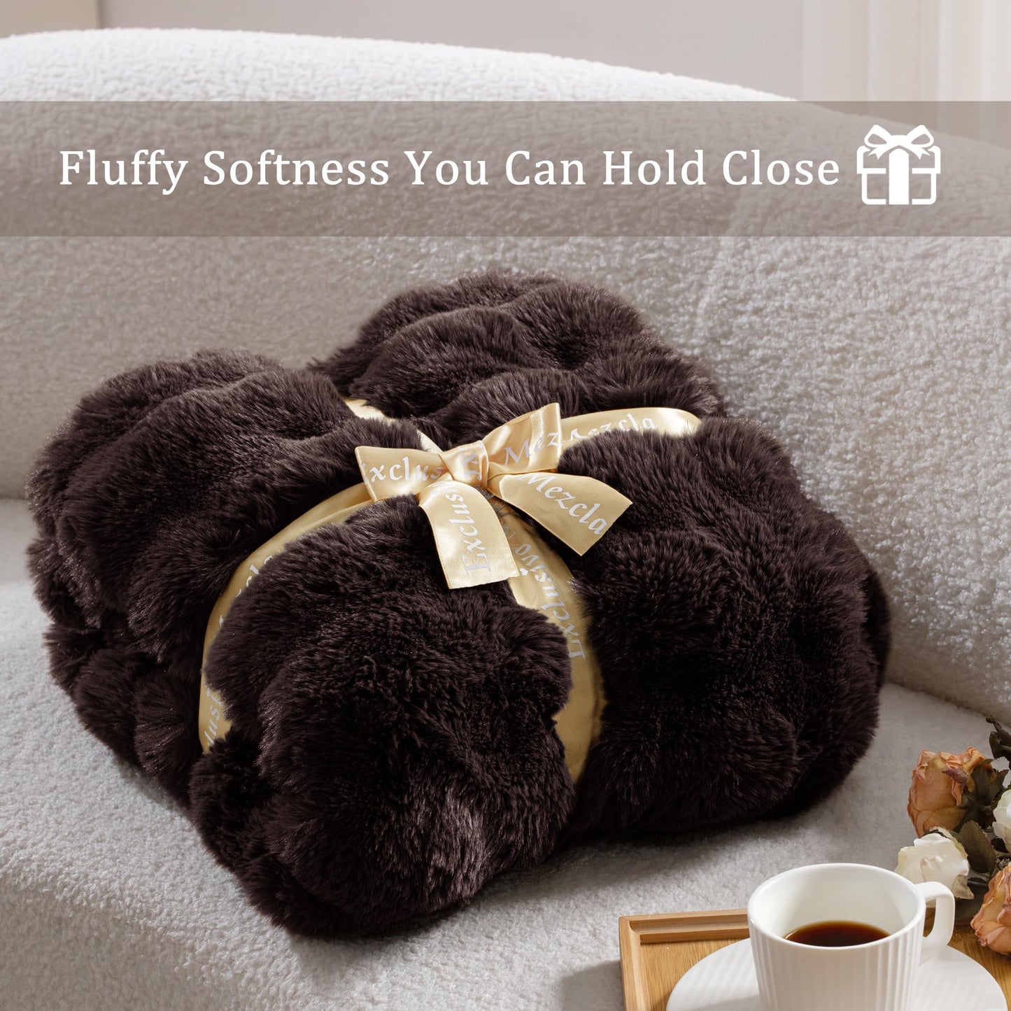 Exclusivo Mezcla Fuzzy Faux Fur Bed Blanket Queen Size, Sherpa Fleece Blankets,Fluffy Plush Warm Throws for Couch, Bed, 90X90 Inches, Coffee