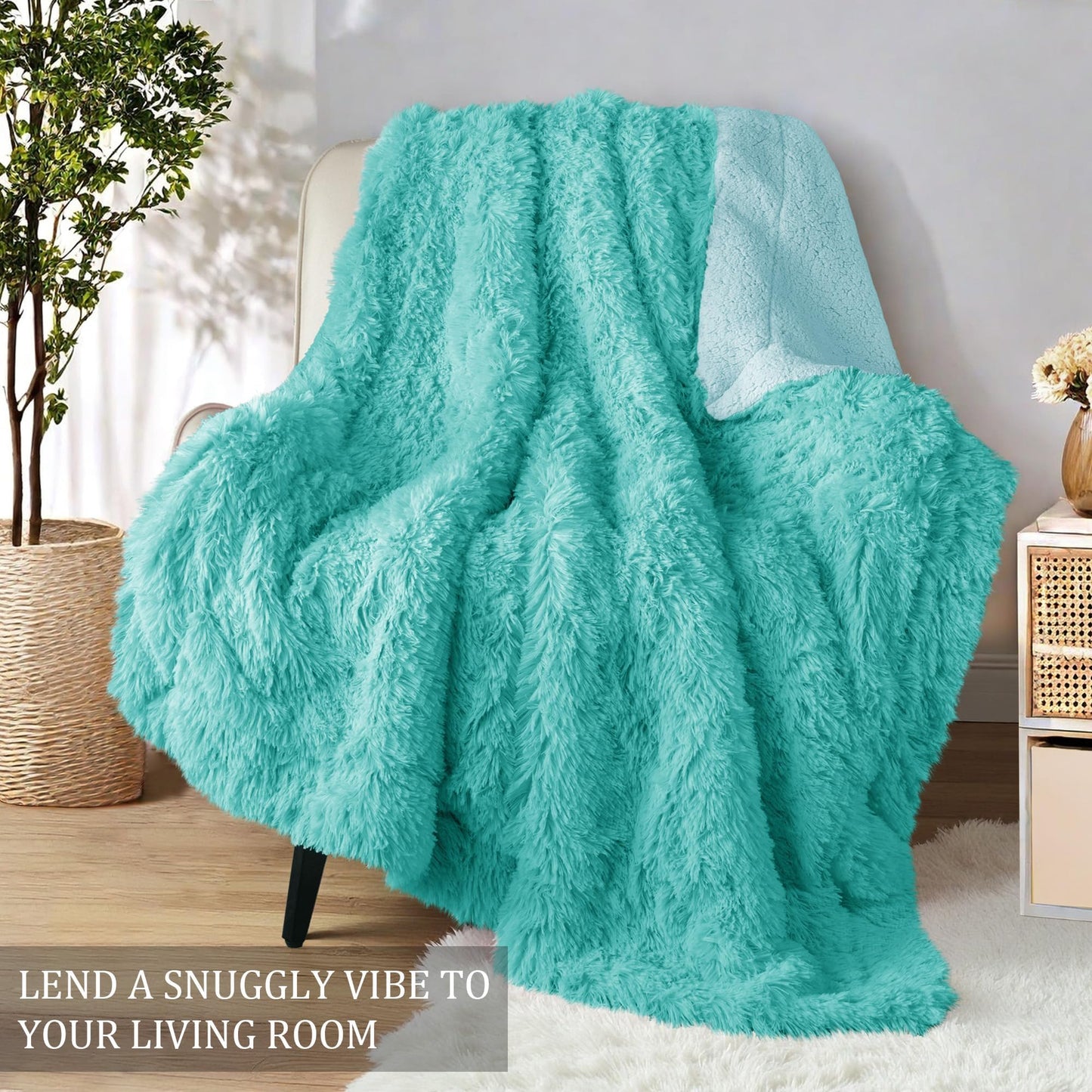 Exclusivo Mezcla Fuzzy Faux Fur Throw Blanket, Reversible Shaggy Sherpa Fleece Blankets,Fluffy Plush Warm Throws for Couch, Bed, 50x60 Inches, Teal