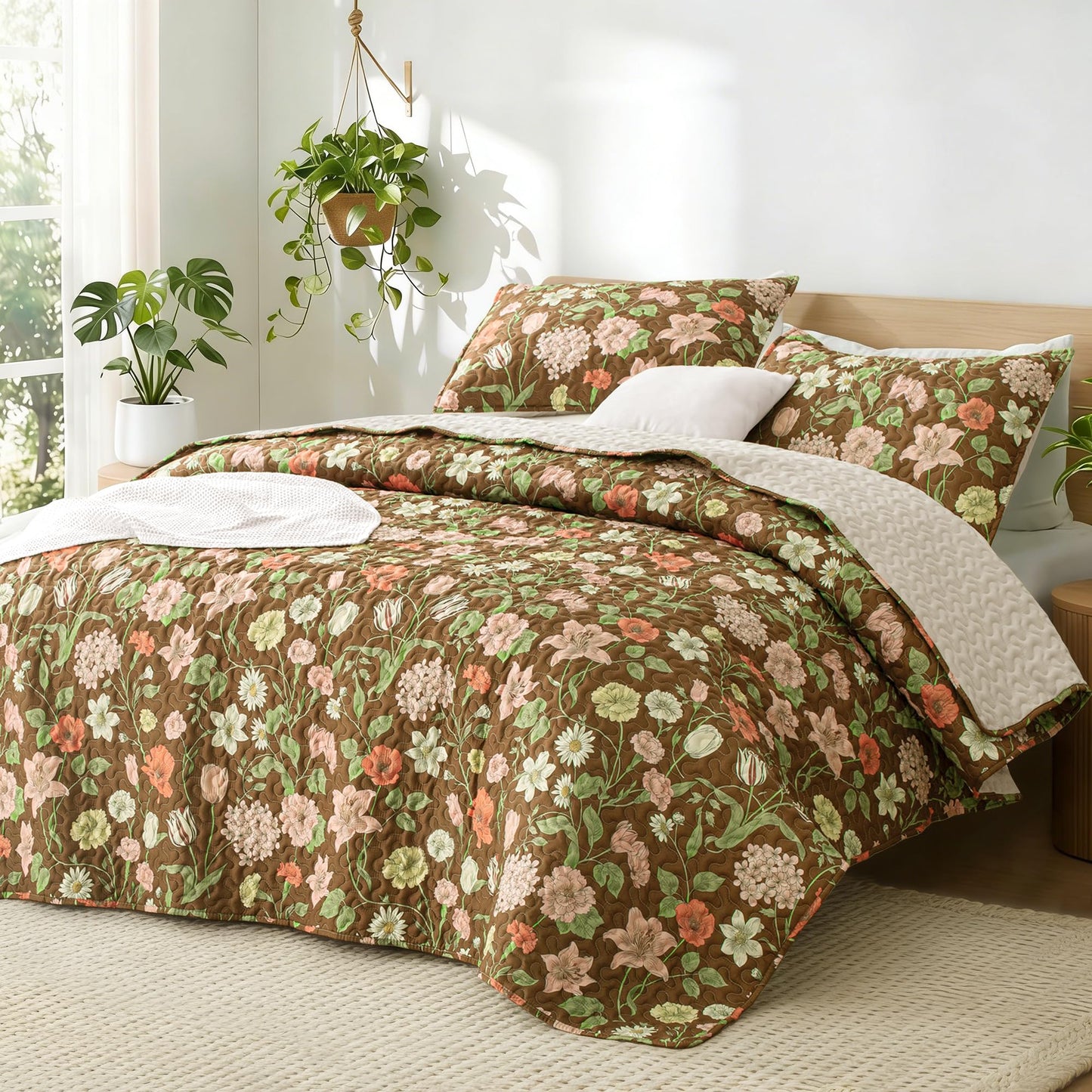 Exclusivo Mezcla Floral Twin size Quilt set, Brown Twin Quilt Bedding set with Cottagecore Garden Pattern , Reversible Lightweight Spring Bedspreads Coverlets Bed Cover for All Seasons (68"x88")