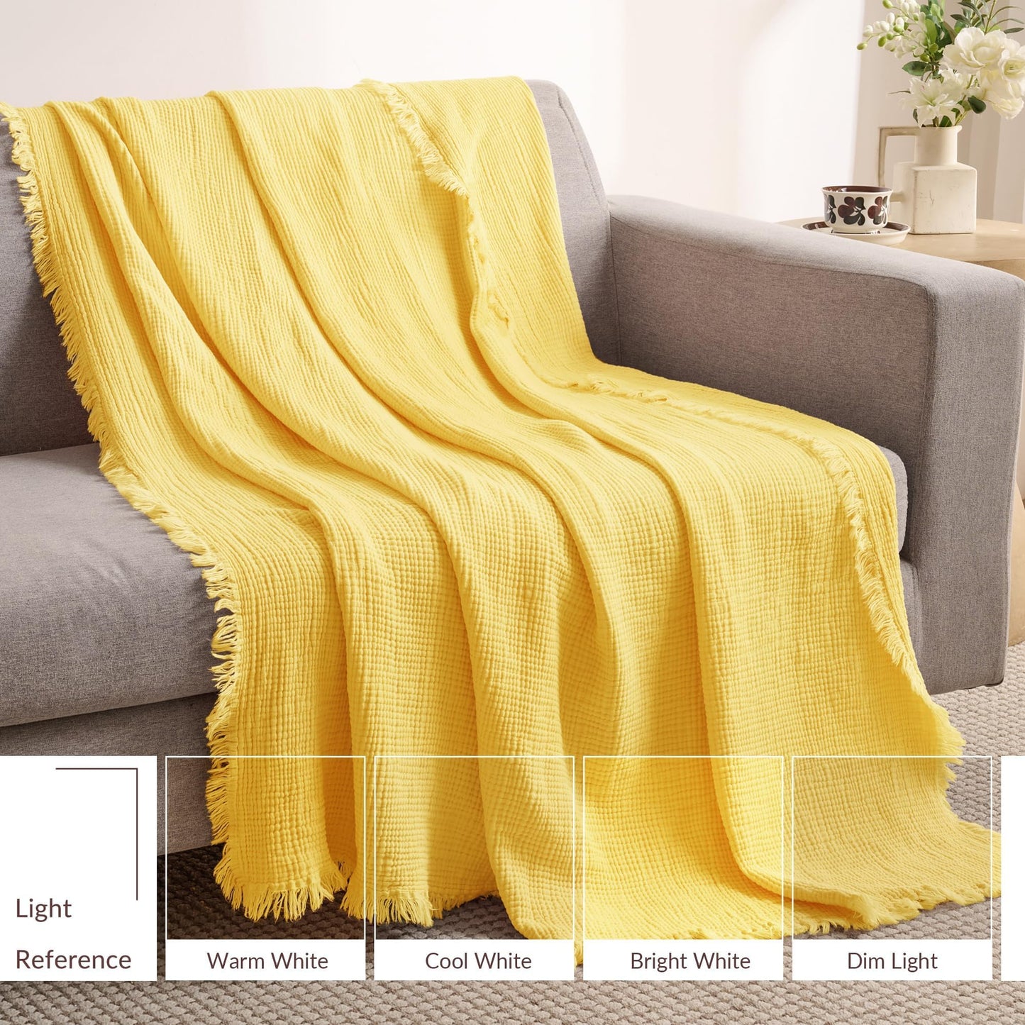 Exclusivo Mezcla 100% Cotton Muslin Twin Size Blanket, 6 Layers Breathable and Lightweight Gauze Blankets for Bed, Soft Bedspread, 60"x80", Yellow