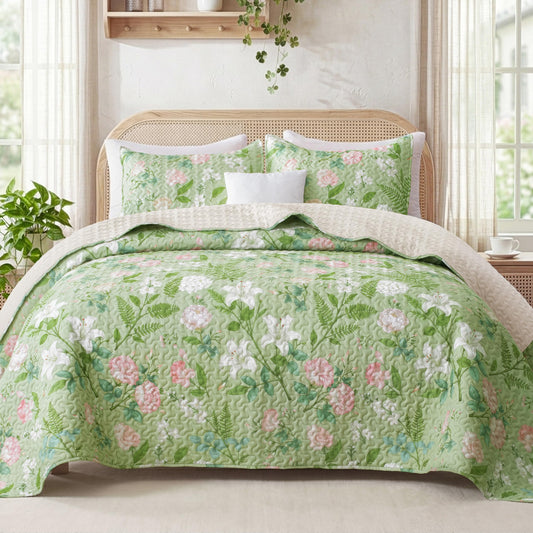 Exclusivo Mezcla Floral Twin Size Quilt Set, Green Twin Quilt Bedding Set with Blooming Vintage Garden Pattern, Reversible Lightweight Bedspreads Coverlets Bed Cover for All Seasons (68"x88")