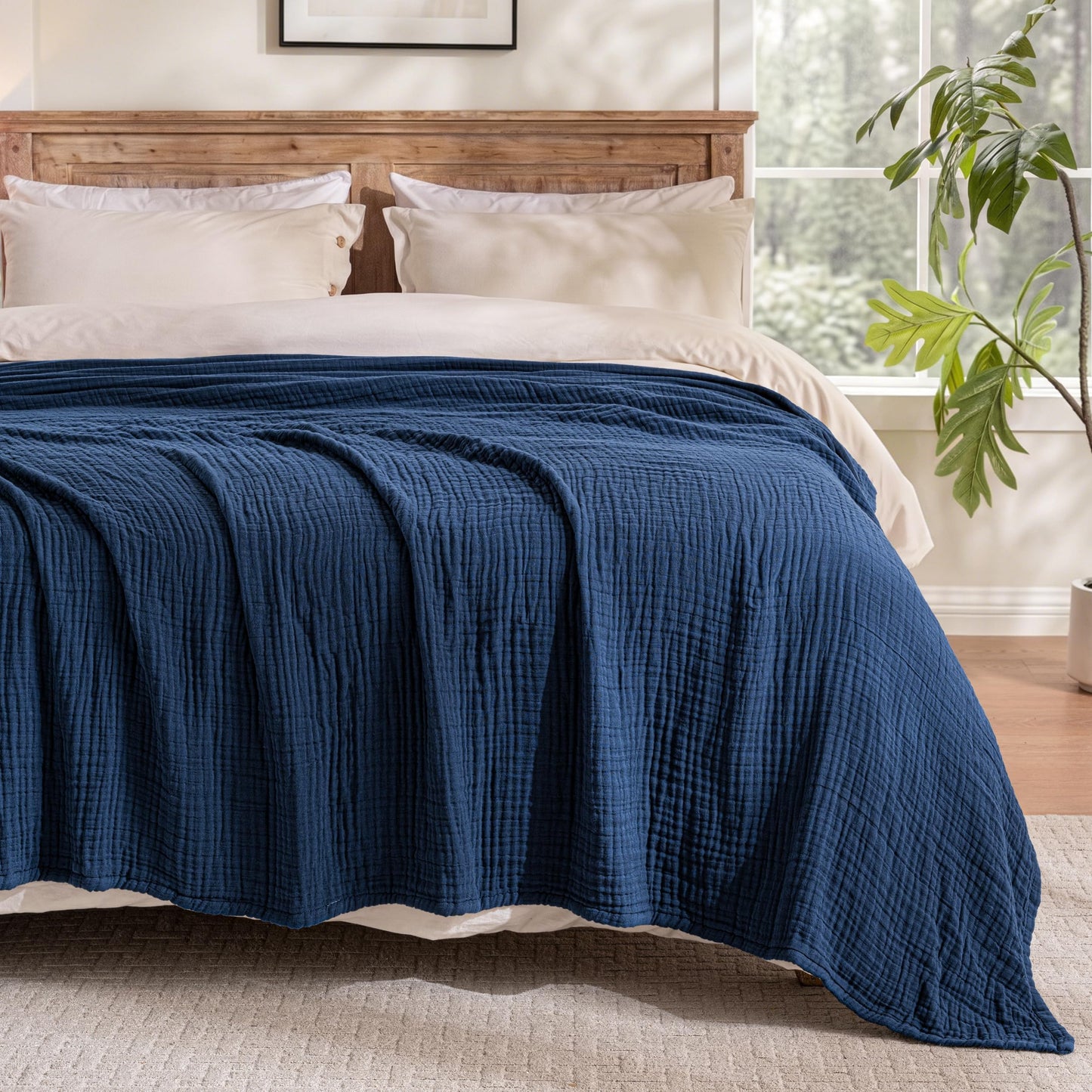 Exclusivo Mezcla 100% Cotton Muslin King Size Blanket 90"x104",6 Layers Breathable and Lightweight Navy Blue Gauze Blankets