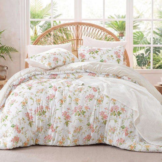 Exclusivo Mezcla Floral Twin Comforter Set, 2 Pieces Lightweight Reversible Soft Bedding Comforters for All Seasons, Beige Botanical Flowers Pattern