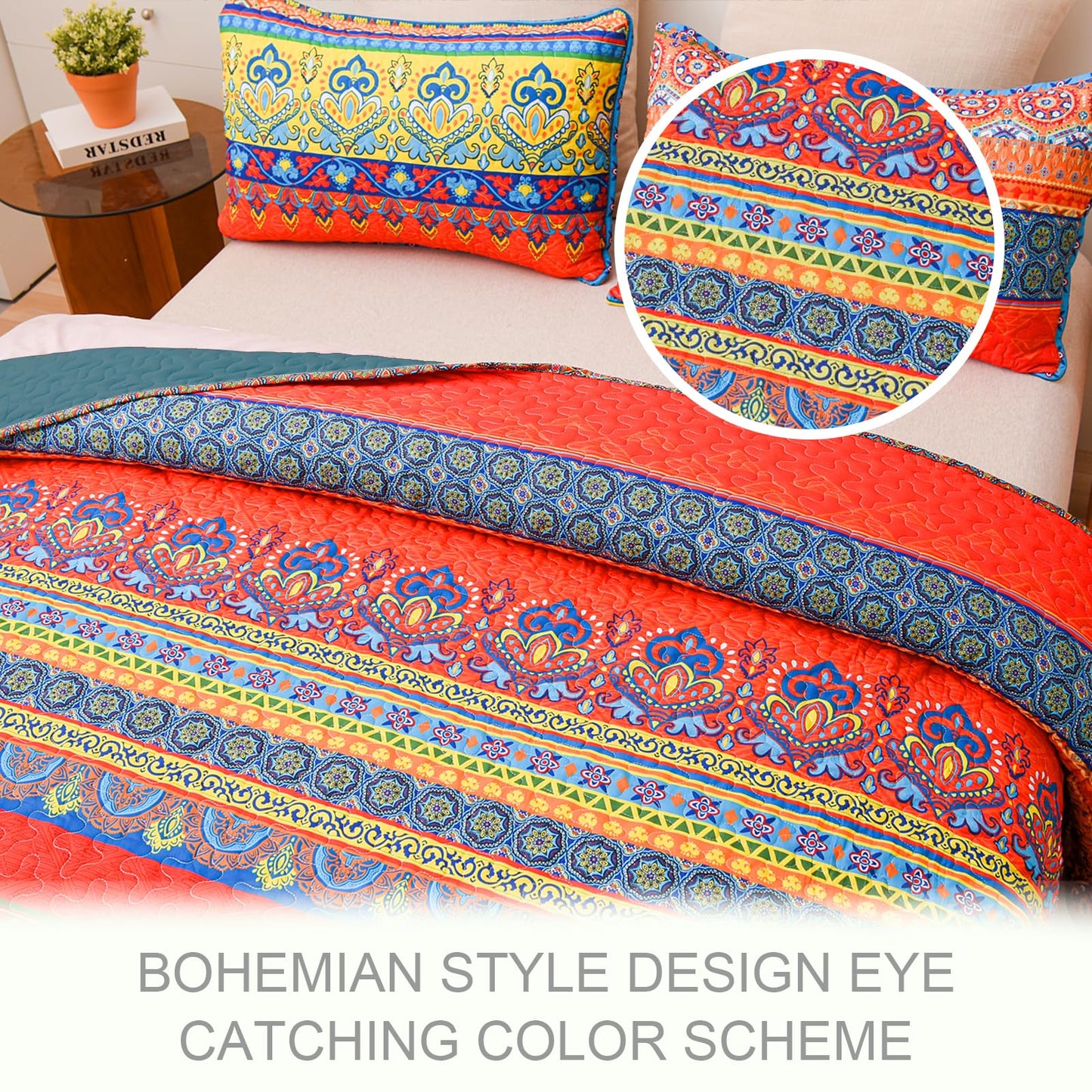 Exclusivo Mezcla Reversible Boho California King Quilt, Blue Soft Bedspreads Lightweight Coverlet All Season Bohemian Quilts Bedding Set with Printed Floral Pattern (1 Quilt, 2 Pillow Shams)