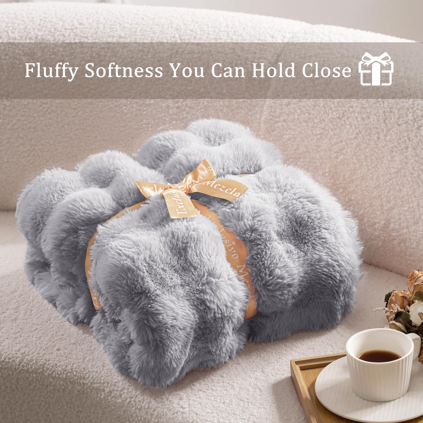 Exclusivo Mezcla Fuzzy Faux Fur Throw Blanket, Sherpa Fleece Blankets,Fluffy Plush Warm Throws for Couch, Bed, 50x60 Inches, Light Grey