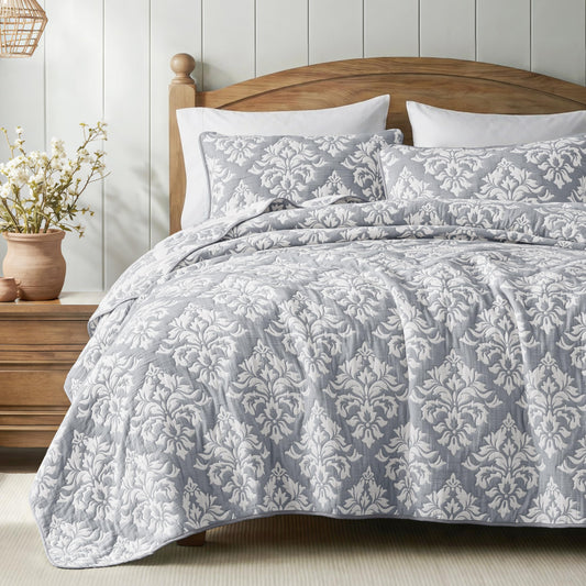 Exclusivo Mezcla Cotton Muslin Quilts Queen Size Grey, Soft Breathable Bedspread Lightweight Prewashed Bed Coverlet With 2 Pillow Shams, Boho Pattern Yarn Dyed Quilt Bedding Set for All Seasons