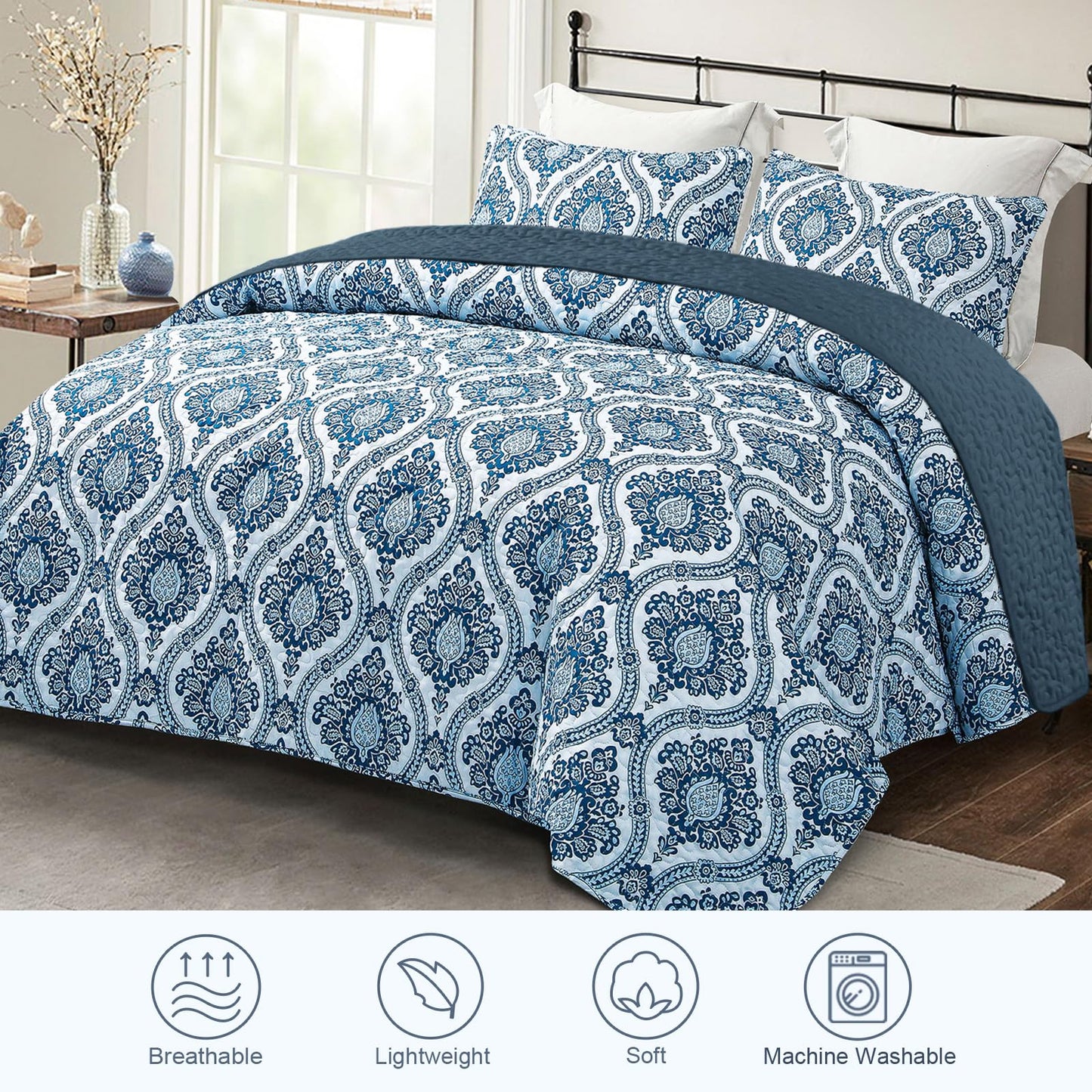 Exclusivo Mezcla Reversible Boho Quilts King Size, Blue Bedspreads Lightweight Coverlet All Season Damask Quilt Bedding Set with Printed Floral Pattern (1 Quilt, 2 Pillow Shams)