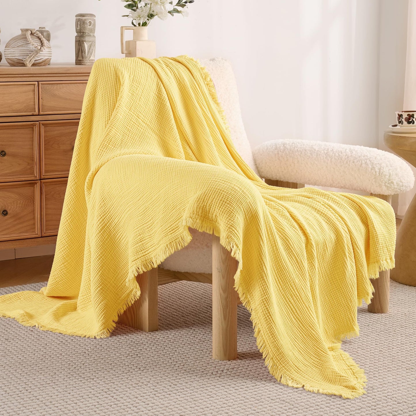 Exclusivo Mezcla 100% Cotton Muslin Throw Blanket , 6 Layers Breathable and Lightweight Gauze Blankets for Couch, Soft, Decorative, 50"x70", Yellow